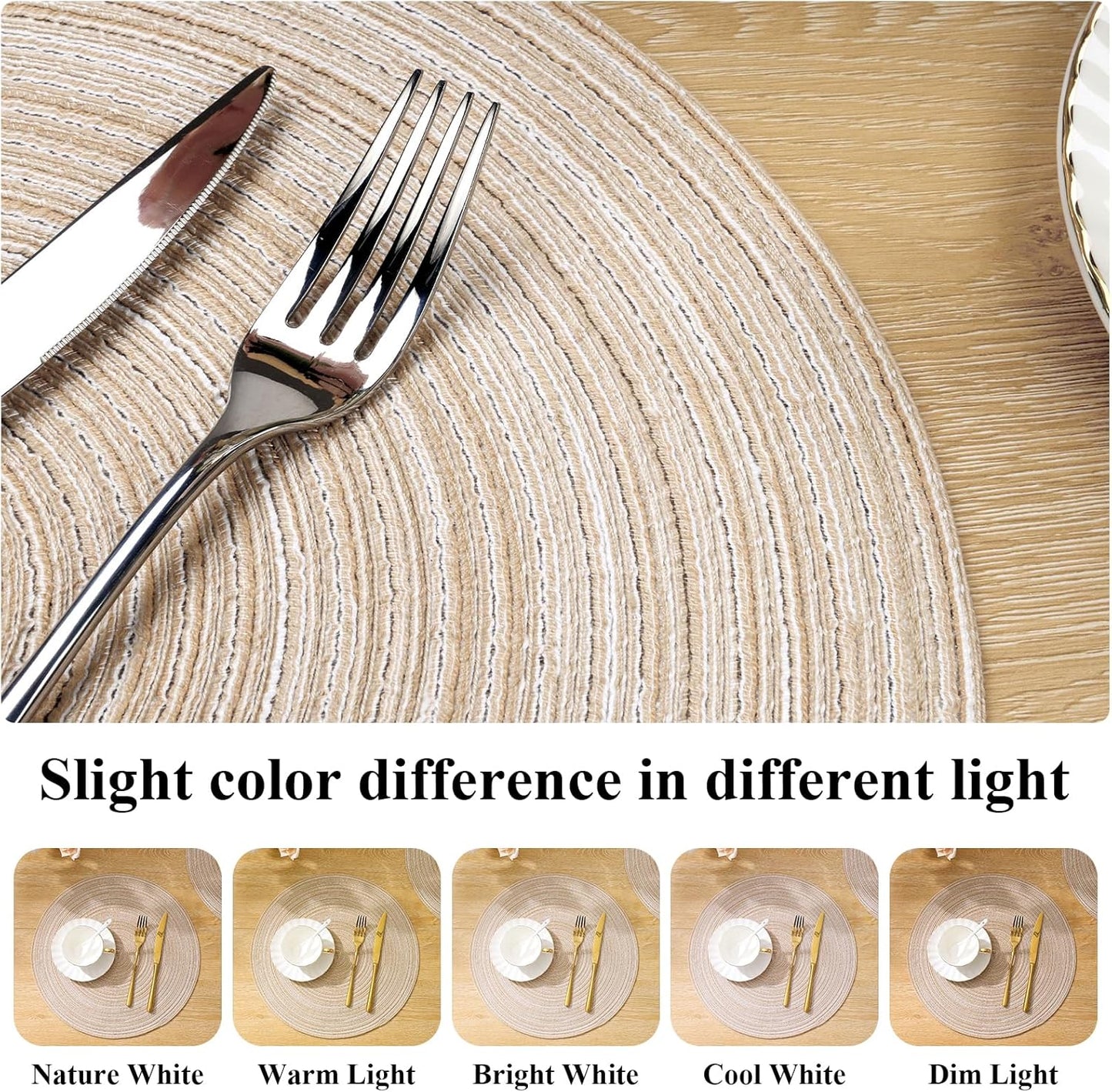 SHACOS 15 inch Beige Round Placemats Set of 12 for Dining Table Woven Braided Circle Place Mats Kitchen Placemat Washable Table Mats