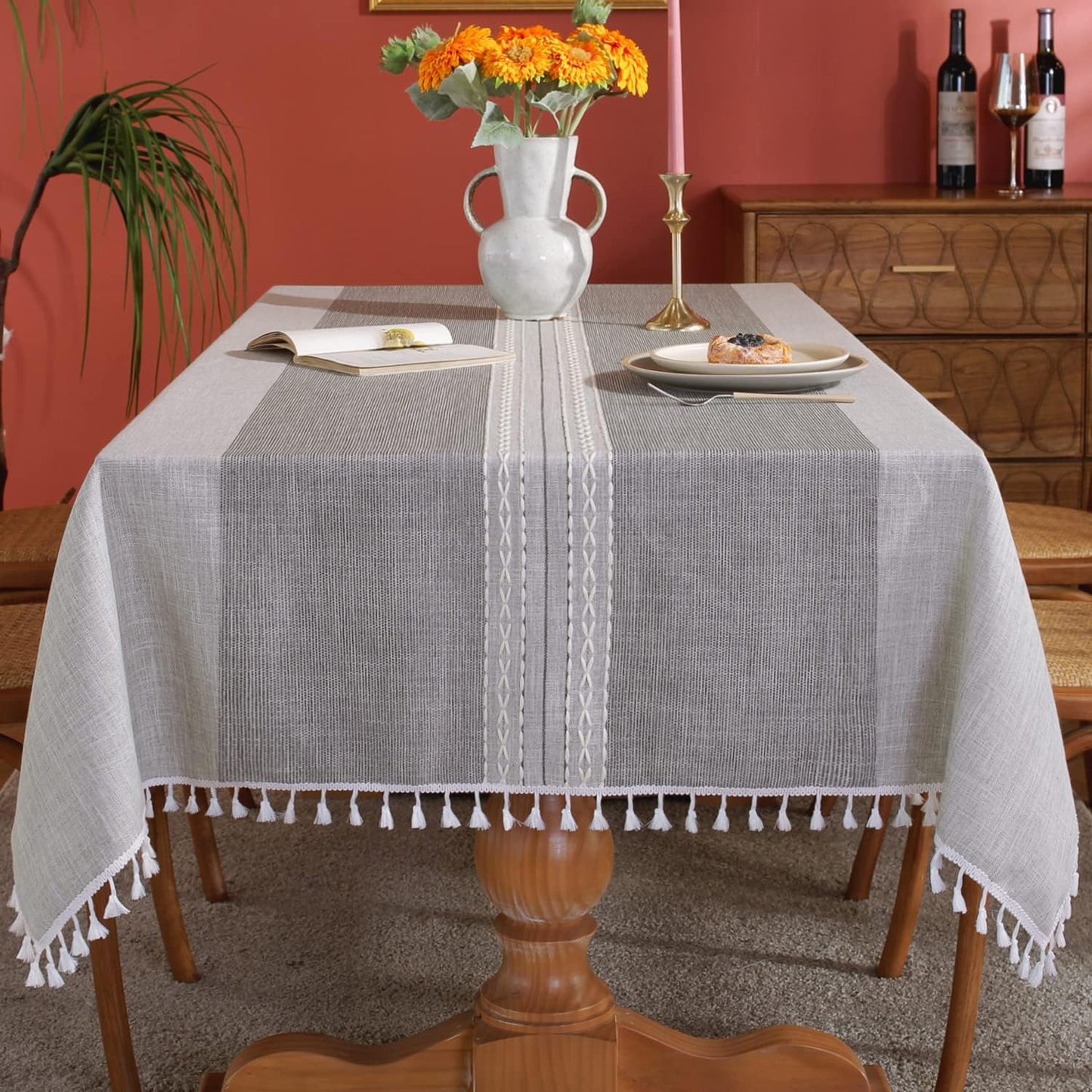 Laolitou Rustic Cotton Linen Table Cloth,Tablecloths for 6 Foot Rectangle Tables,Waterproof Washable Tablecloth with Tassel Rectangle/Oblong, 55''x 86'', 6-8 Seats
