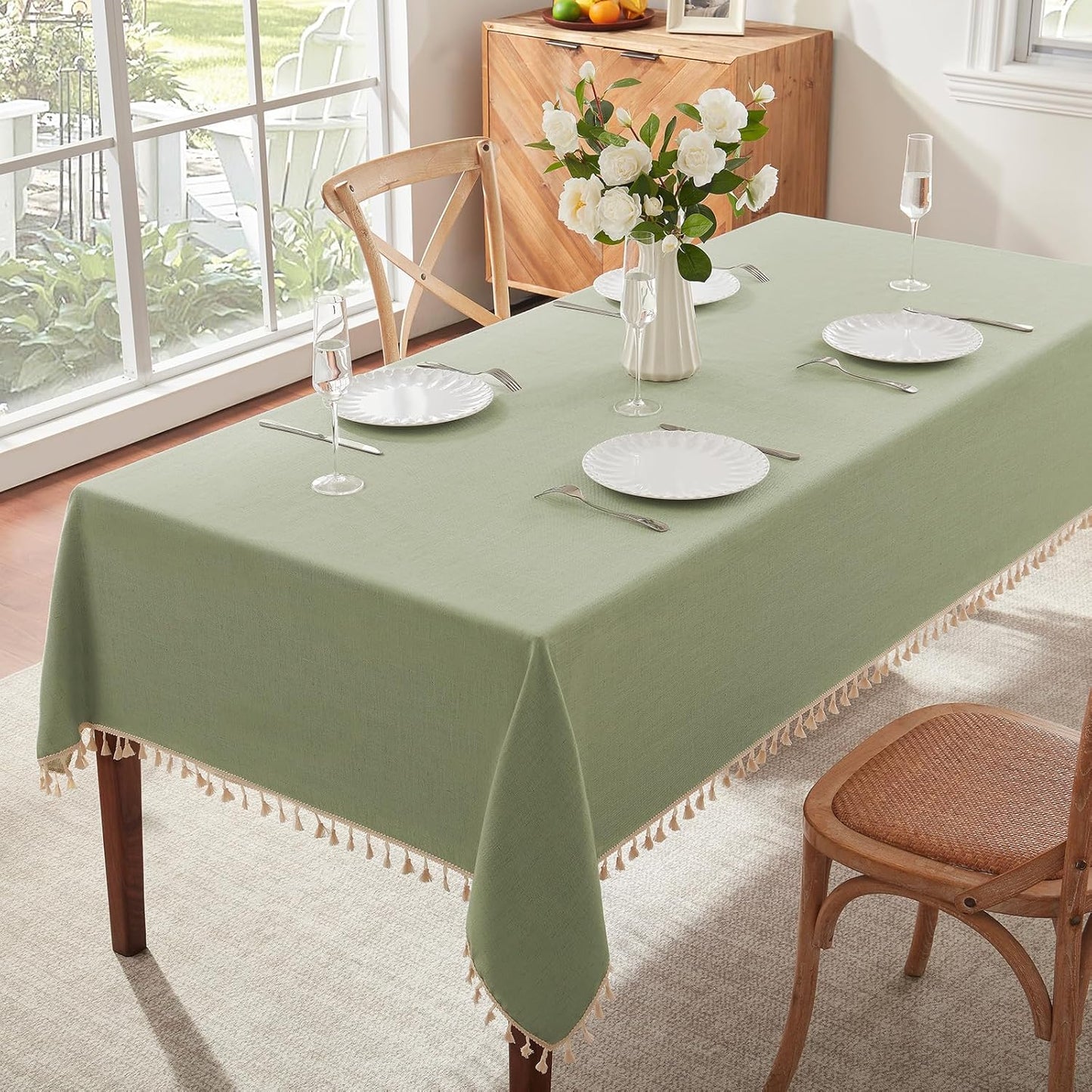 Alsoo Table Cloth Rectangle Table Heavy Duty Cotton Linen Tablecloth Farmhouse Boho Waterproof Wrinkle Free Tables Cover with Tassel for Kitchen Dining Holiday Party, Pink, 55" x 75"