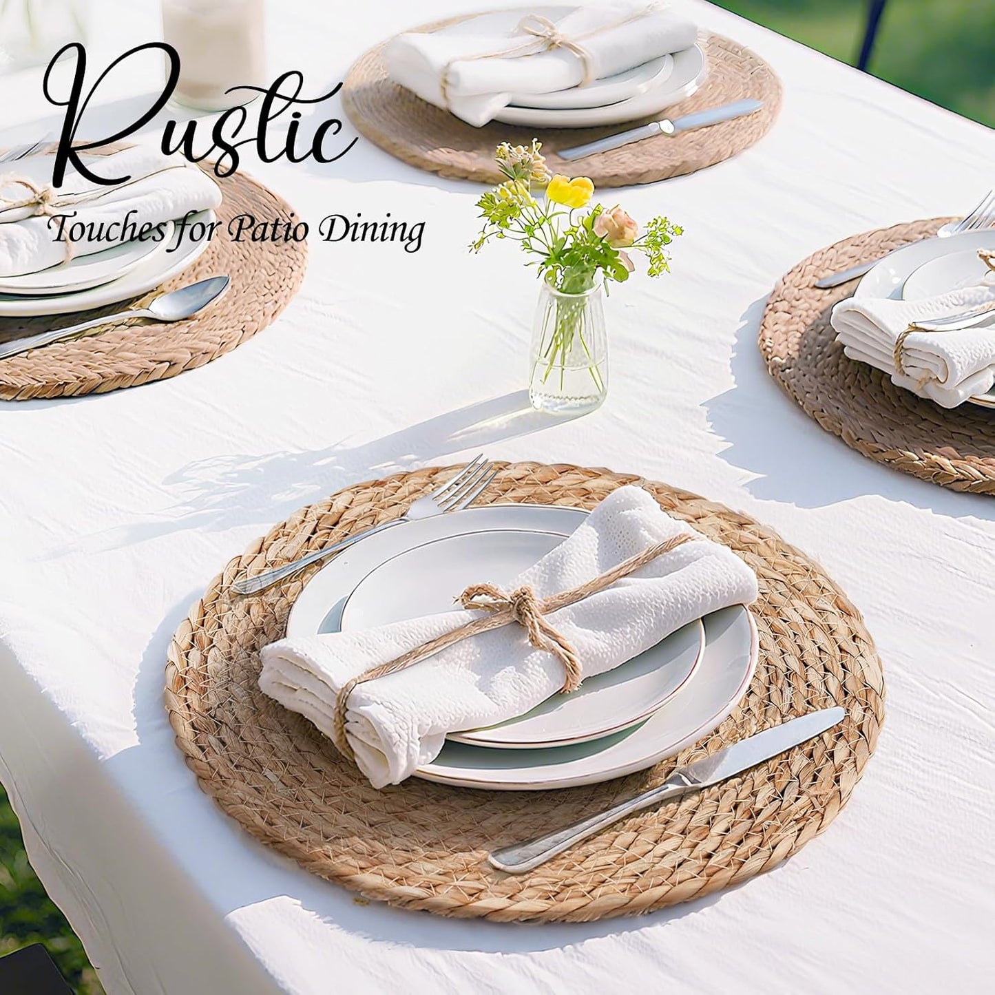 13 Inch Woven Placemats Set of 12, Boho Round Place Mats for Dining Table Decor, Rustic Jute Chargers for Dinner Plates, Outdoor Patio, Farmhouse Wedding, Water Hyacinth Wicker Rattan Braided Placemat