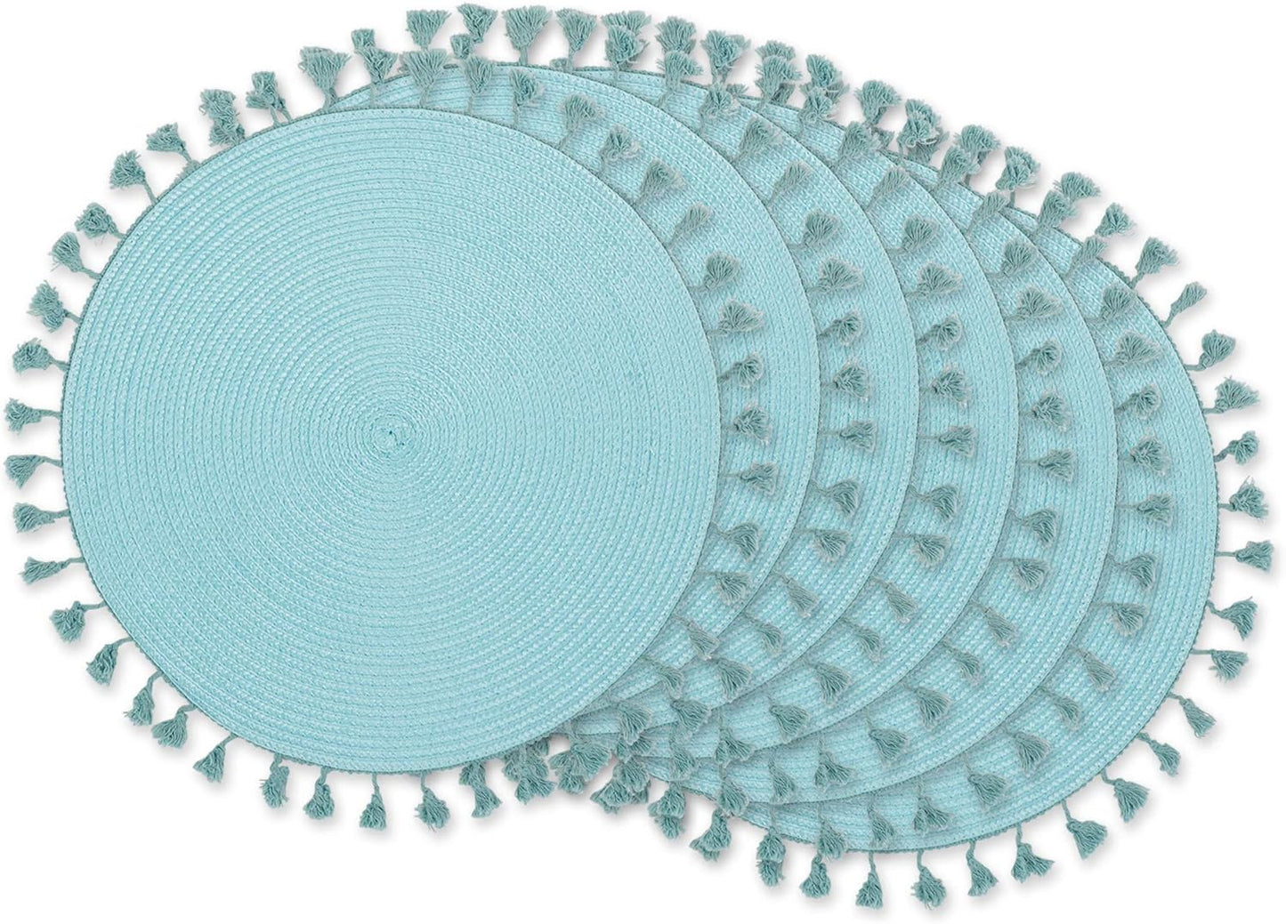 DII Woven Placemat Collection Round, 14.75" Diameter, Nautical Blue Fringe, 6 Piece