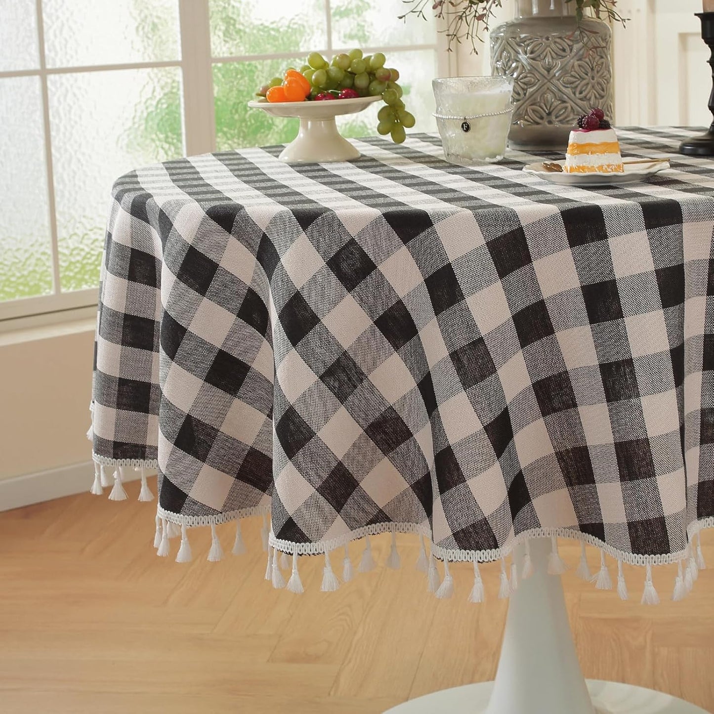 Laolitou Beige Checkered Round Tablecloth Washable Buffalo Plaid Table Cloth with Tassel Cotton Linen Gingham Table Cover for Dining Room, Beige, Round, 60", 2-4 Seats