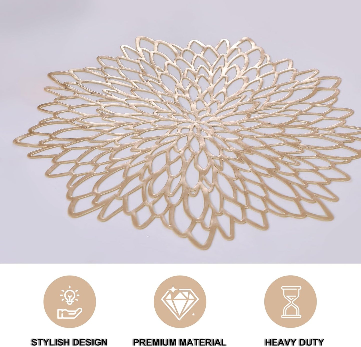 Snowkingdom Pack of 18 Gold Metallic Round Placemats Bulk Round Pressed Vinyl Leaf Dinning Kitchen Table Mats Decoration for Christmas Wedding Thanksgiving Party
