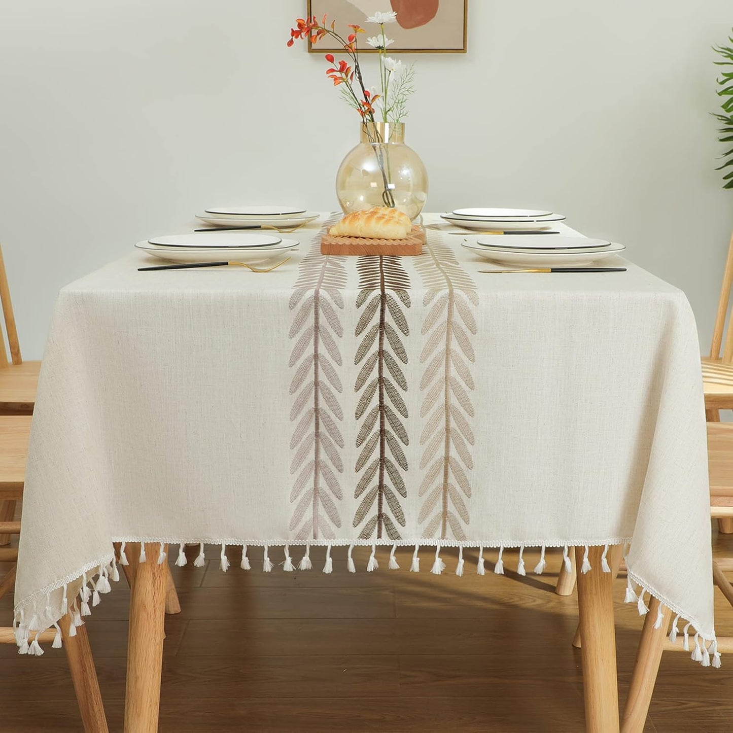 Laolitou Rustic Cotton Linen Table Cloth,Tablecloths for 6 Foot Rectangle Tables,Waterproof Washable Tablecloth with Tassel Rectangle/Oblong, 55''x 86'', 6-8 Seats