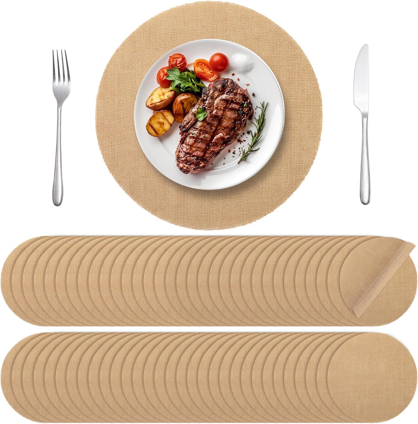 Aneco 50 Pieces Round Burlap Placemats 11.8 Inch Reusable Brown Table Mats Heat Resistant Natural Jute Fibers Placemats Burlap Circle Rustic Table Decorations for Dinner Holiday Farmhouse Decor