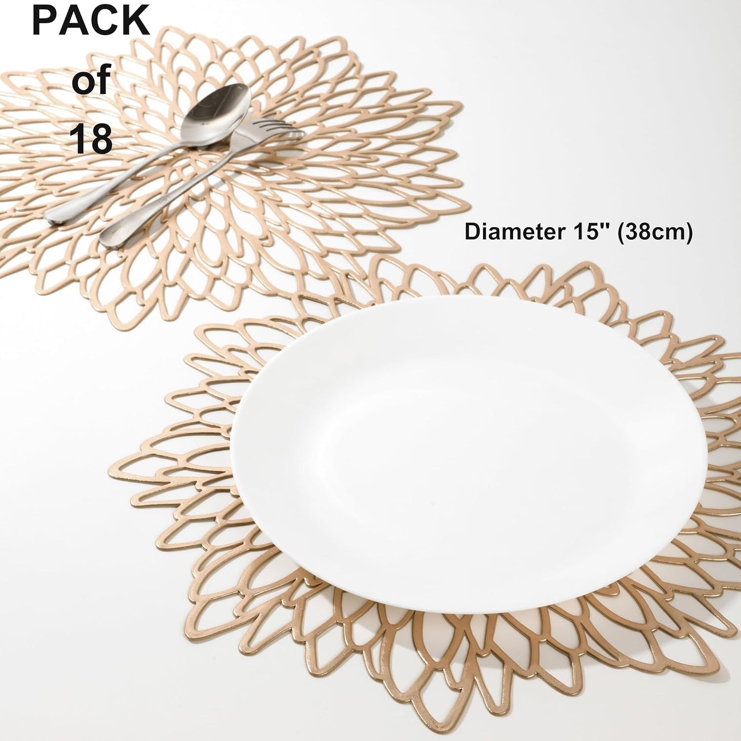 Snowkingdom Pack of 18 Gold Metallic Round Placemats Bulk Round Pressed Vinyl Leaf Dinning Kitchen Table Mats Decoration for Christmas Wedding Thanksgiving Party