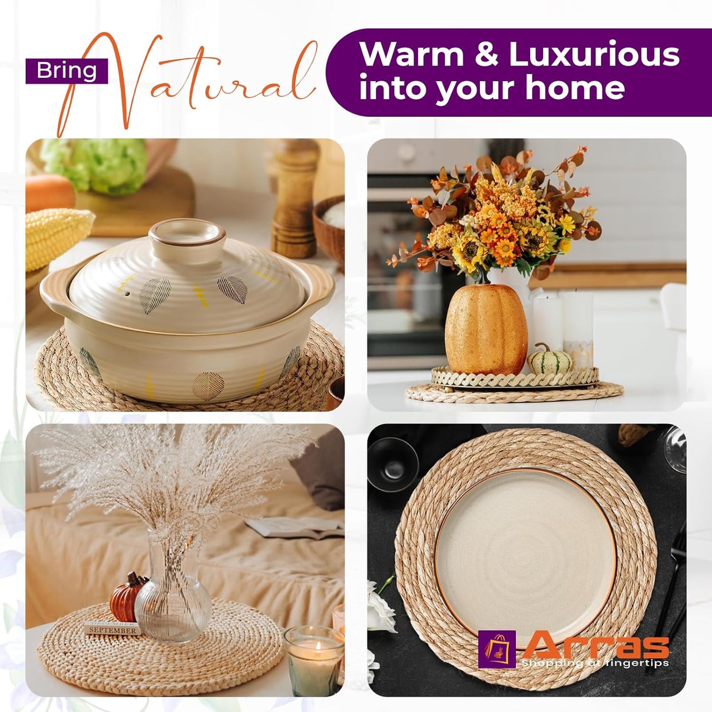 ARRAS 6 Pack Woven Round Rattan Placemats I 12" Natural Water Hyacinth Wicker Placemats I Rustic Boho Braided Wicker Table Mats I Heat Resistant Woven Placemat I Ideal for Dining, Kitchen, Home Decor