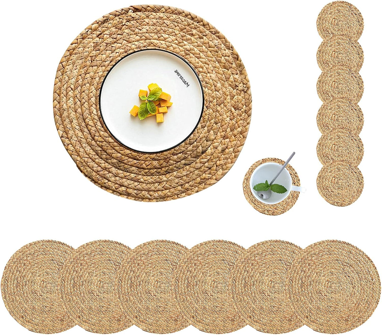 Round Placemats Set of 8 Natural Woven Rattan Placemats, Braided Boho Farmhouse Place Mats Heat Resistant Dining Table Mats Straw Placemat Wicker Outdoor Placemat for Patio Table 13.4''