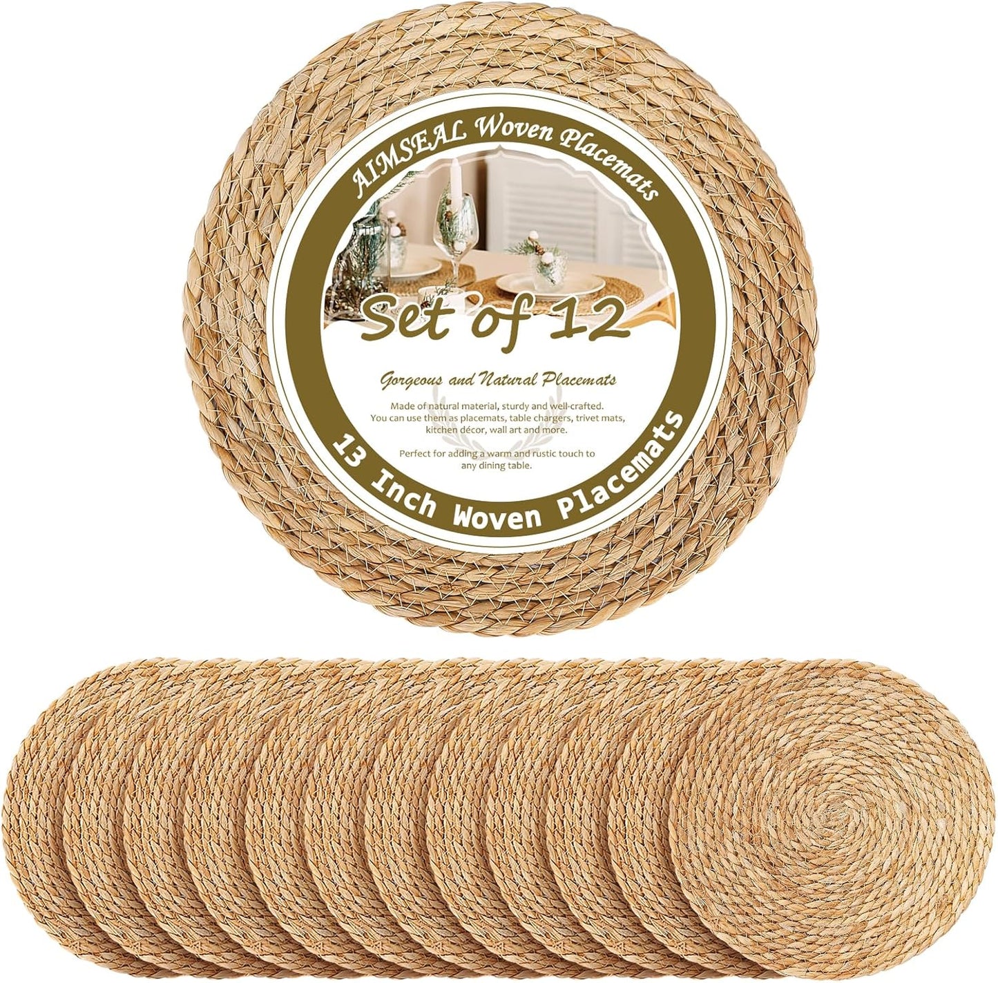 13 Inch Woven Placemats Set of 12, Boho Round Place Mats for Dining Table Decor, Rustic Jute Chargers for Dinner Plates, Outdoor Patio, Farmhouse Wedding, Water Hyacinth Wicker Rattan Braided Placemat