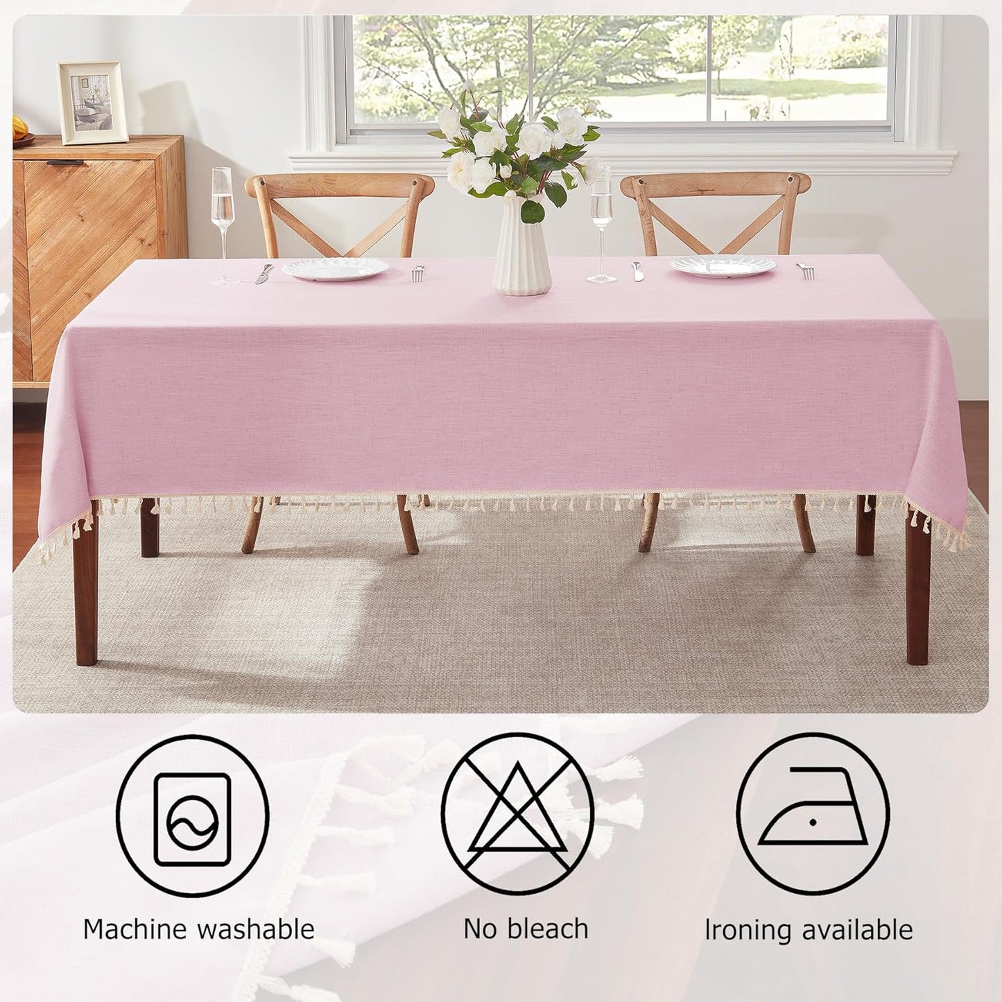 Alsoo Table Cloth Rectangle Table Heavy Duty Cotton Linen Tablecloth Farmhouse Boho Waterproof Wrinkle Free Tables Cover with Tassel for Kitchen Dining Holiday Party, Pink, 55" x 75"