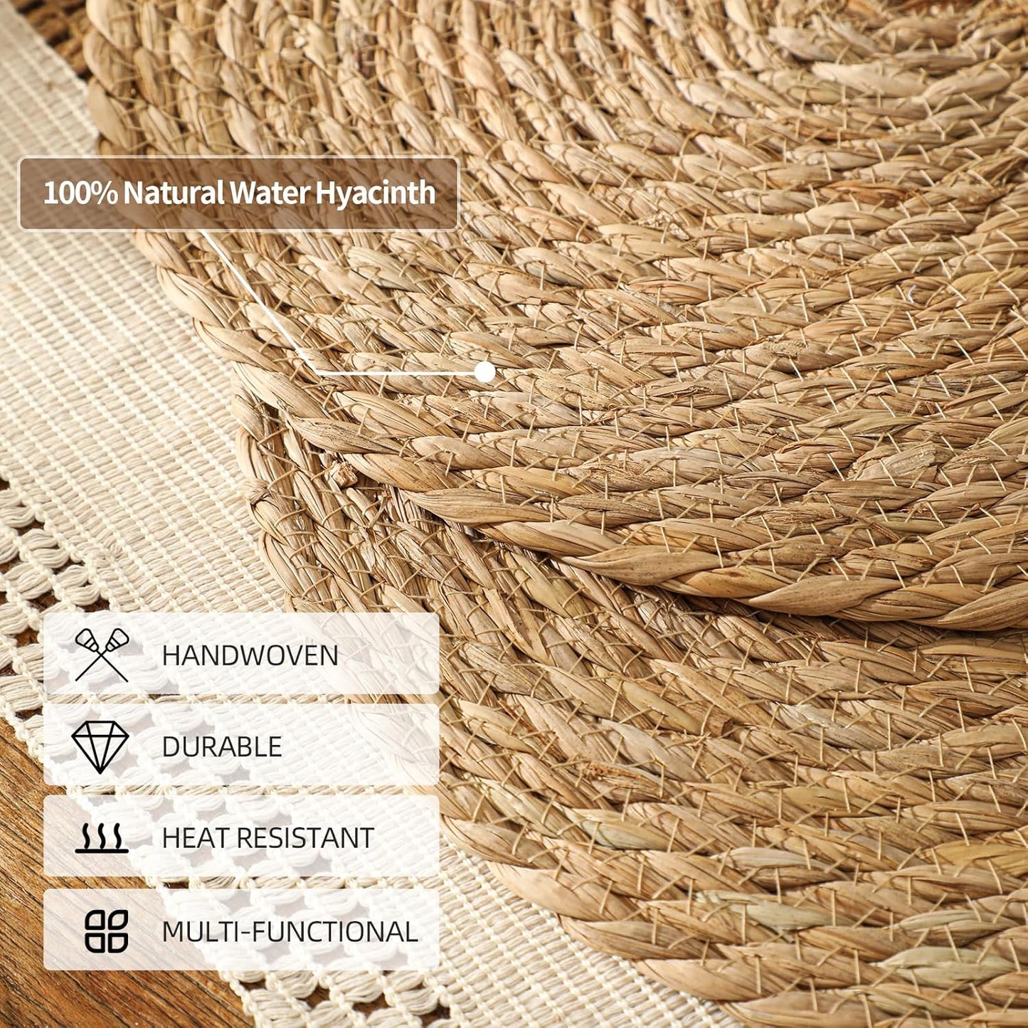 13.5'' Round Woven Placemats Set of 12, Boho Rattan Chargers for Dinner Plates, Rustic Wicker Place Mats, Straw Braided Table Placemats, for Dining Table, Wedding, Farmhouse, Outdoor and Christmas