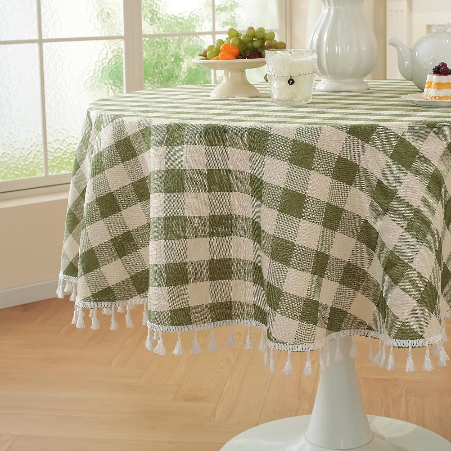 Laolitou Beige Checkered Round Tablecloth Washable Buffalo Plaid Table Cloth with Tassel Cotton Linen Gingham Table Cover for Dining Room, Beige, Round, 60", 2-4 Seats
