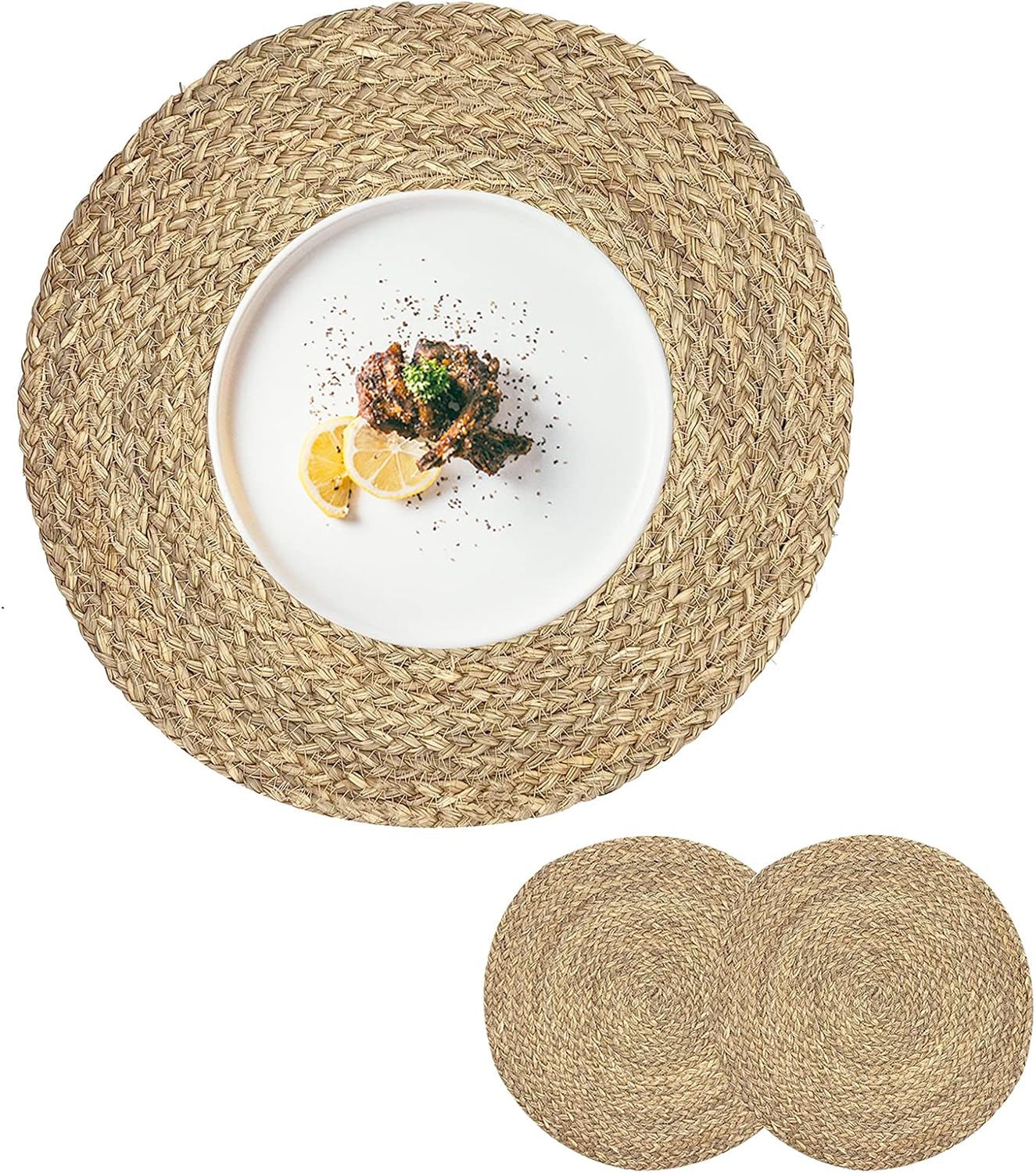 Round Placemats Set of 8 Natural Woven Rattan Placemats, Braided Boho Farmhouse Place Mats Heat Resistant Dining Table Mats Straw Placemat Wicker Outdoor Placemat for Patio Table 13.4''