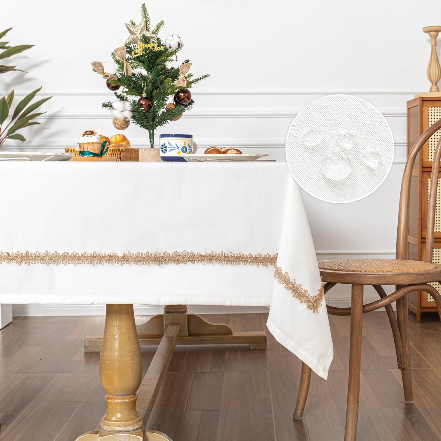 MYSKY HOME Table Cloth 60x84 in Rectangle Table, Heavy Duty Cotton Tassel Linen Look Waterproof Tablecloths Farmhouse Tablecloth, Wrinkle Free Table Cover with Beige Tassels for Kitchen Dining, Party