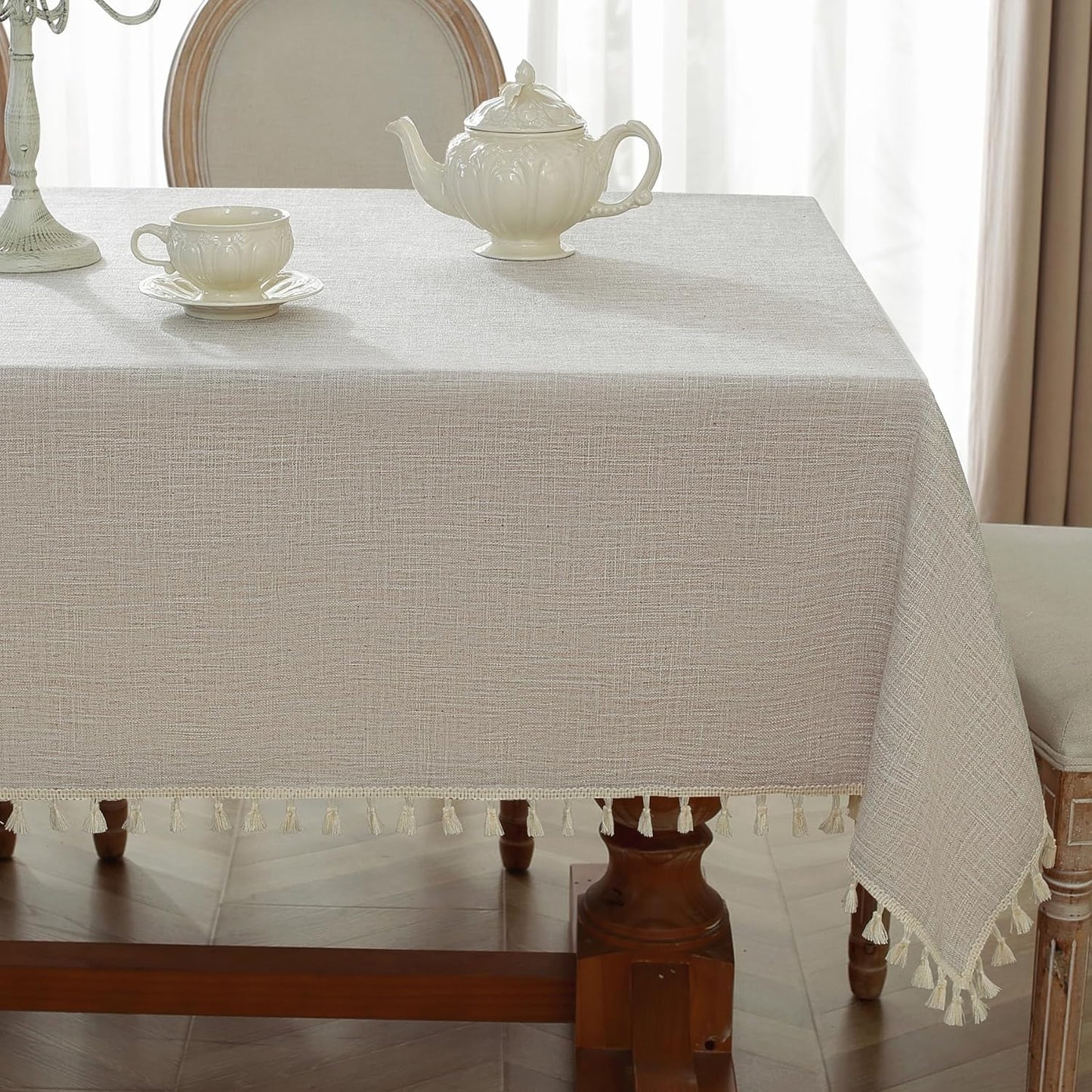 Alsoo Table Cloth Rectangle Table Heavy Duty Cotton Linen Tablecloth Farmhouse Boho Waterproof Wrinkle Free Tables Cover with Tassel for Kitchen Dining Holiday Party, Pink, 55" x 75"