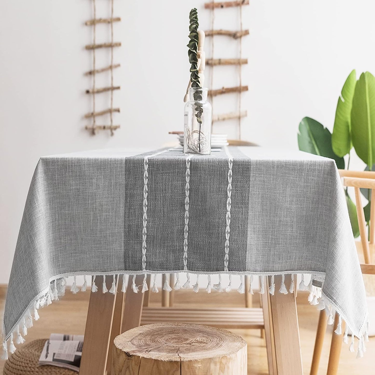 Oubonun Cotton Linen Rectangular Tablecloth - Wrinkle Resistant & Waterproof - Machine Washable Table Cloth with Tassels for Kitchen & Dining, 55''x86'', 6-8 Seats, Grey