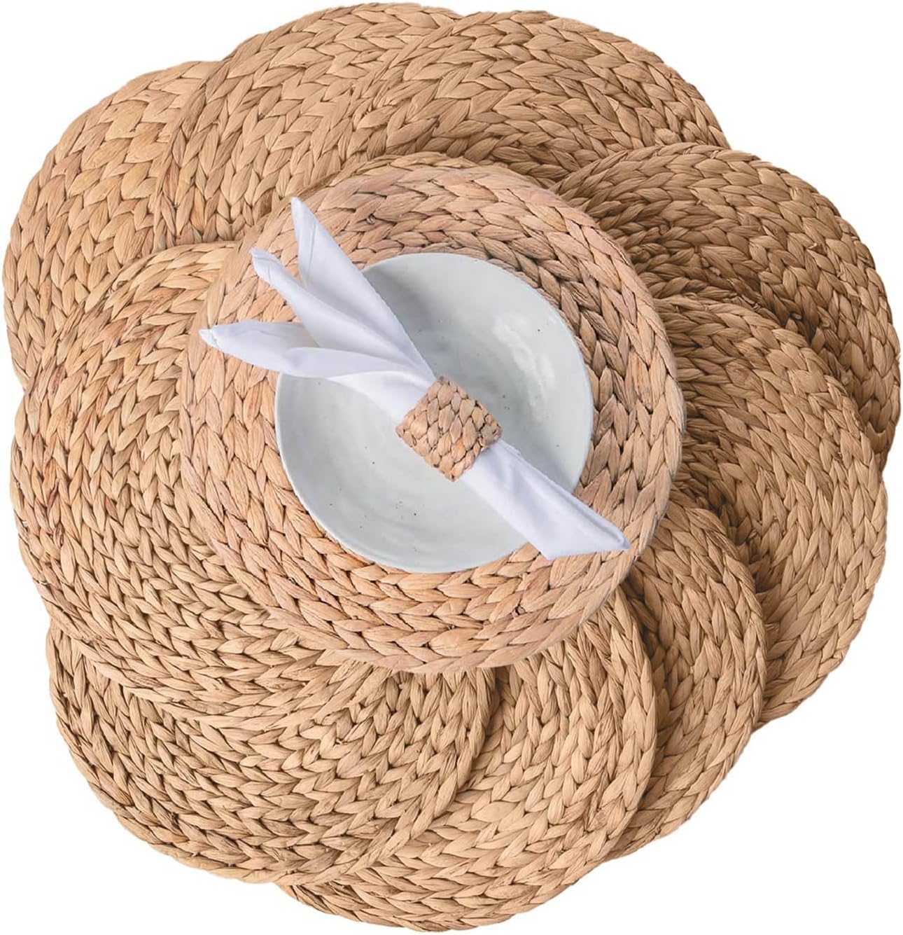 13.8" Round Corn Husk Placemats Set of 6 | Boho Wicker Rattan Woven Table Mats | Farmhouse Spring Plate Chargers Like Seagrass, Water Hyacinth for Christmas, Party, Wedding, Events