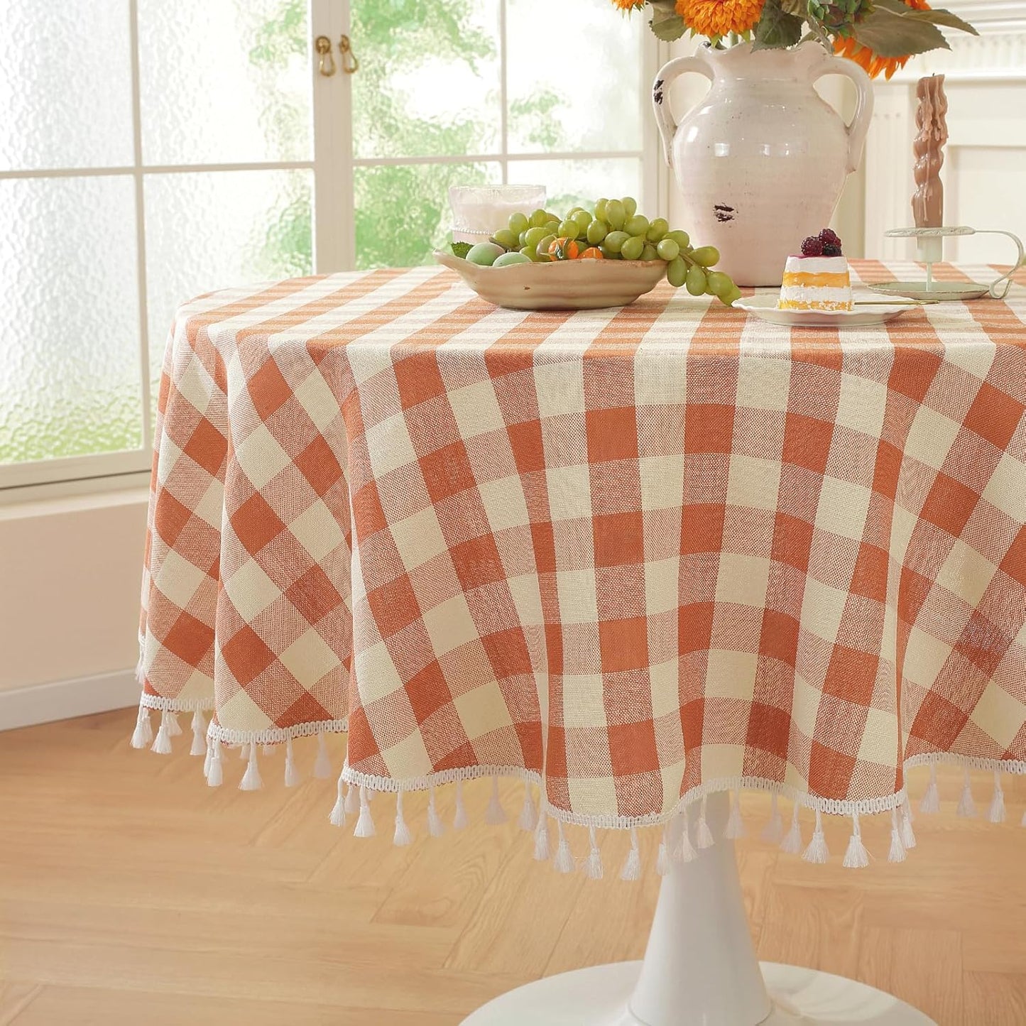 Laolitou Beige Checkered Round Tablecloth Washable Buffalo Plaid Table Cloth with Tassel Cotton Linen Gingham Table Cover for Dining Room, Beige, Round, 60", 2-4 Seats