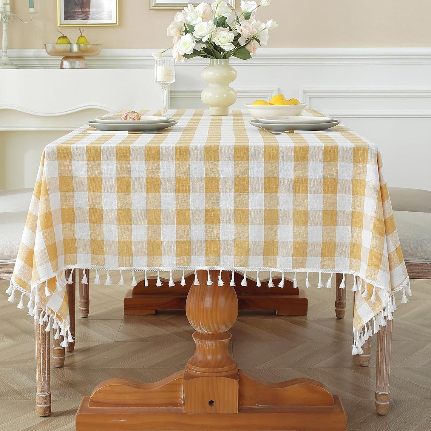 Laolitou Beige Checkered Round Tablecloth Washable Buffalo Plaid Table Cloth with Tassel Cotton Linen Gingham Table Cover for Dining Room, Beige, Round, 60", 2-4 Seats