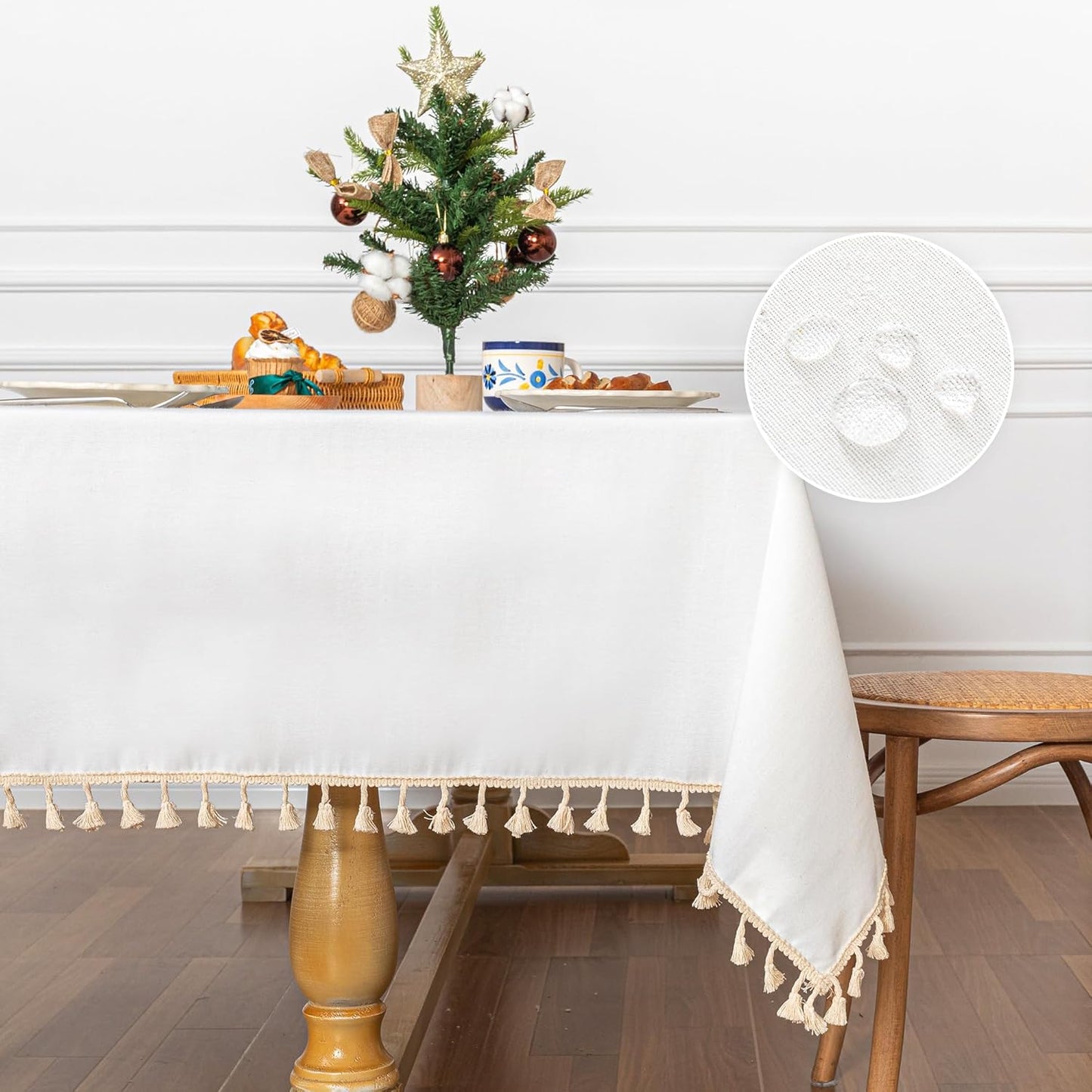 MYSKY HOME Table Cloth 60x84 in Rectangle Table, Heavy Duty Cotton Tassel Linen Look Waterproof Tablecloths Farmhouse Tablecloth, Wrinkle Free Table Cover with Beige Tassels for Kitchen Dining, Party