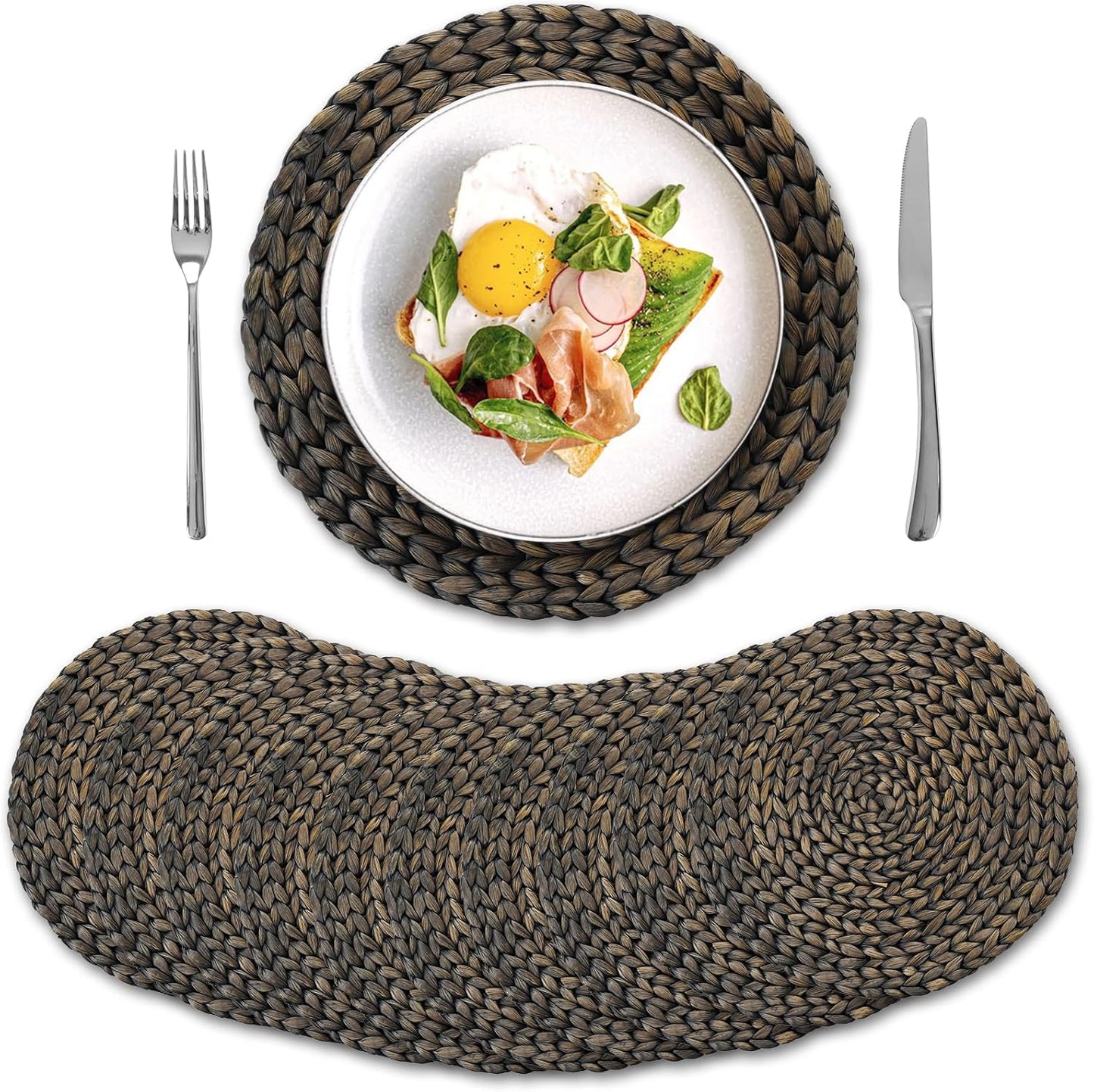 6 Pack, Round Woven Placemats, Natural Water Hyacinth Wicker Place mats, Braided Straw Table Mats for Dining Table, Fall, Halloween, Thanksgiving, Chrismats, Black (13.8 inch)
