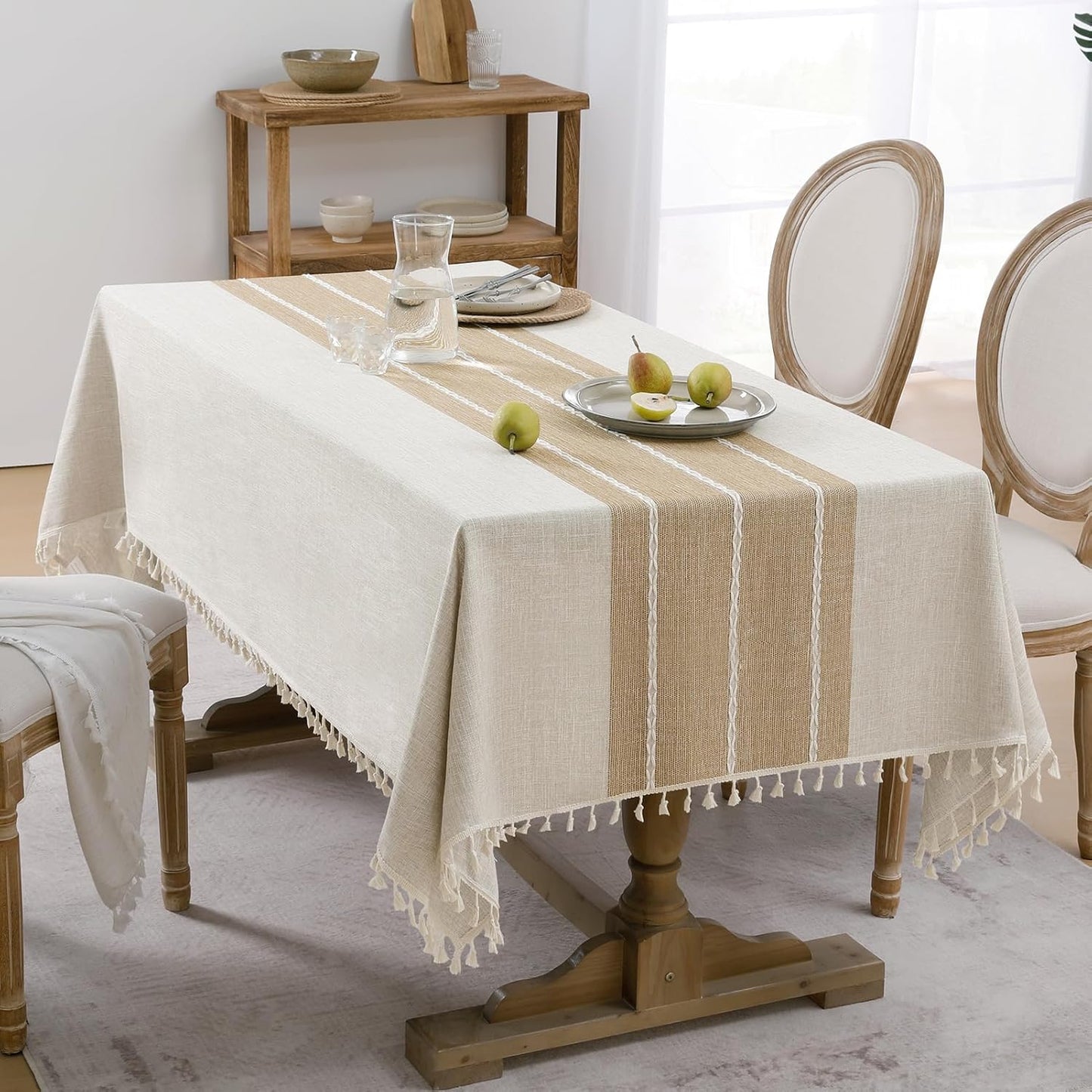 Softalker Fall Tablecloth Rectangle, Outdoor Waterproof Linen Cotton Farmhouse Table Cloths with Tassel, Heavy Weight Wrinkle Free Table Cover for Dining/Party/Rustic - 55 x 120 Inch, Coffee Lines
