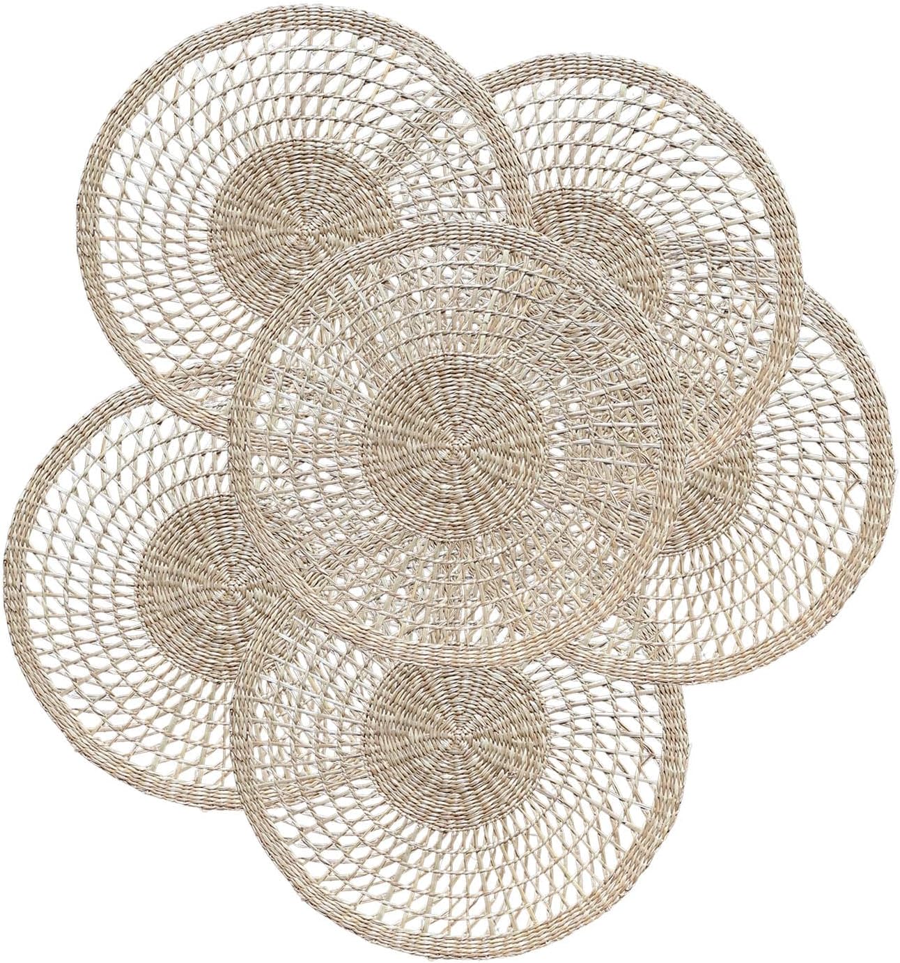 13.8" Round Corn Husk Placemats Set of 6 | Boho Wicker Rattan Woven Table Mats | Farmhouse Spring Plate Chargers Like Seagrass, Water Hyacinth for Christmas, Party, Wedding, Events