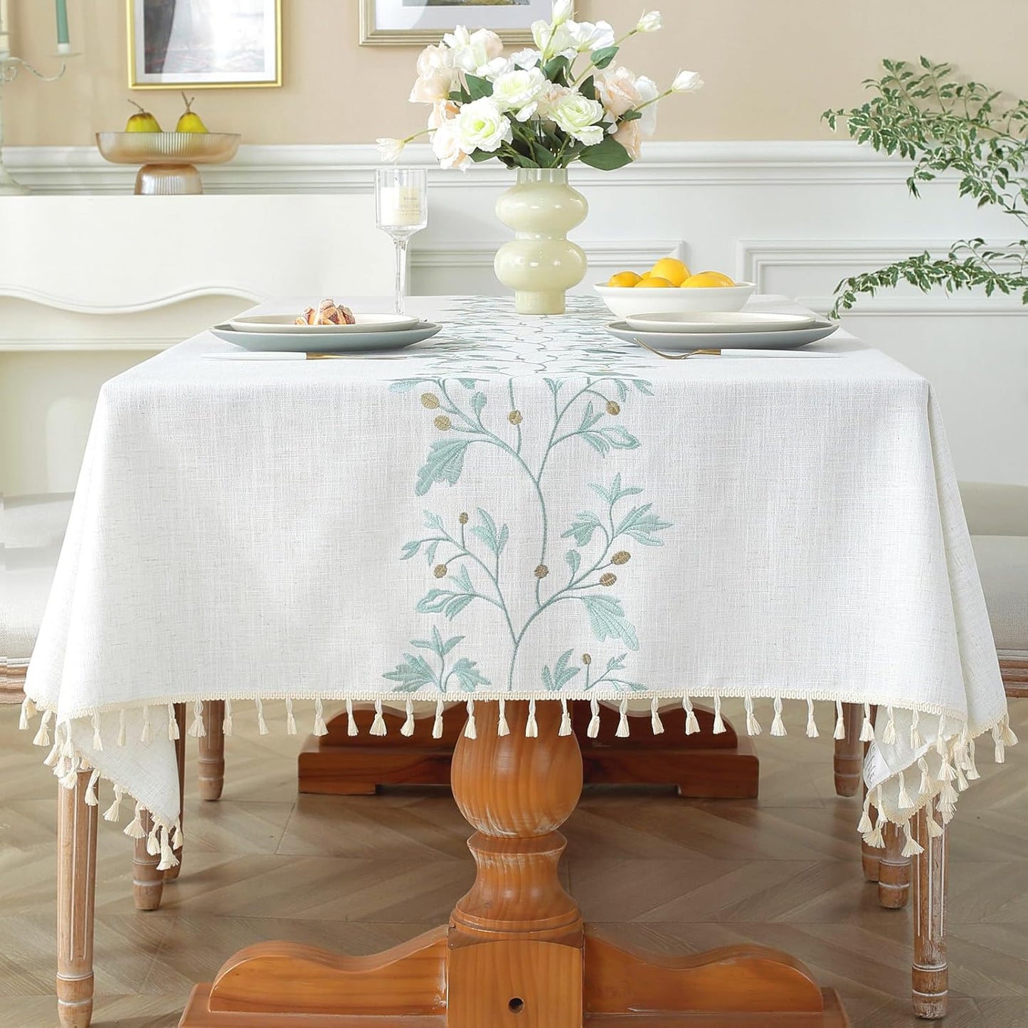 Laolitou Cotton Linen Waterproof Tablecloth for Dining Table Farmhouse Kitchen Rectangle Table Cloth Coffee Wrinkle Free Tables Cover, Beige, Coffee Flower, 55x86 Inch