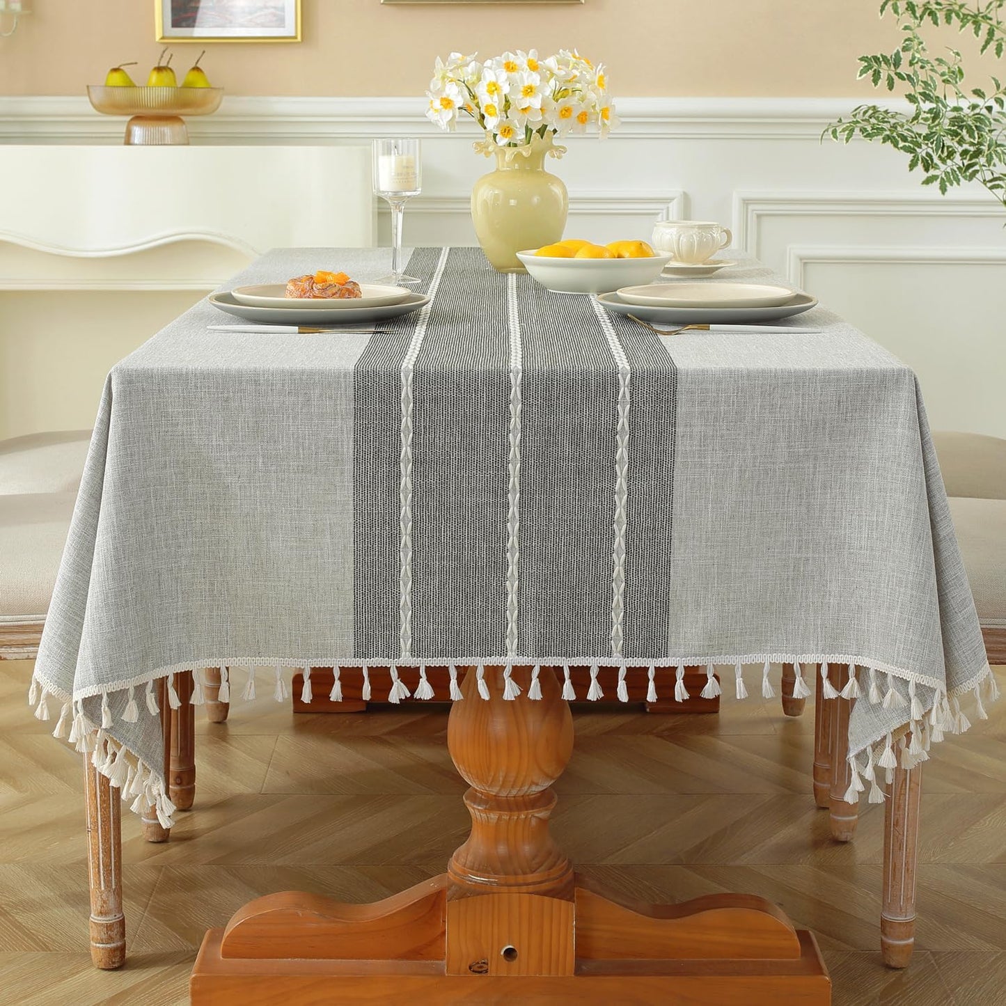 Laolitou Rustic Cotton Linen Table Cloth,Tablecloths for 6 Foot Rectangle Tables,Waterproof Washable Tablecloth with Tassel Rectangle/Oblong, 55''x 86'', 6-8 Seats