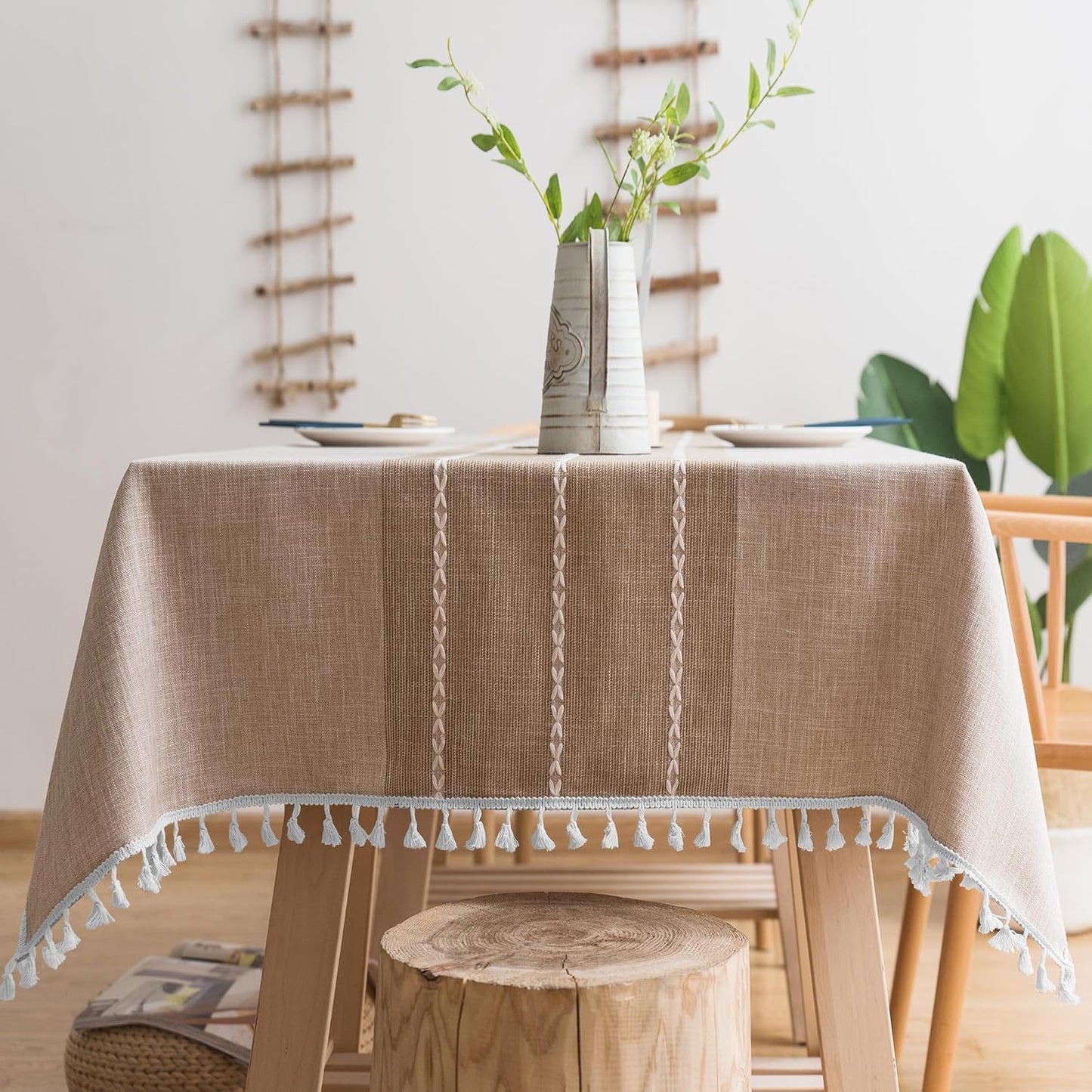 Oubonun Cotton Linen Rectangular Tablecloth - Wrinkle Resistant & Waterproof - Machine Washable Table Cloth with Tassels for Kitchen & Dining, 55''x86'', 6-8 Seats, Grey