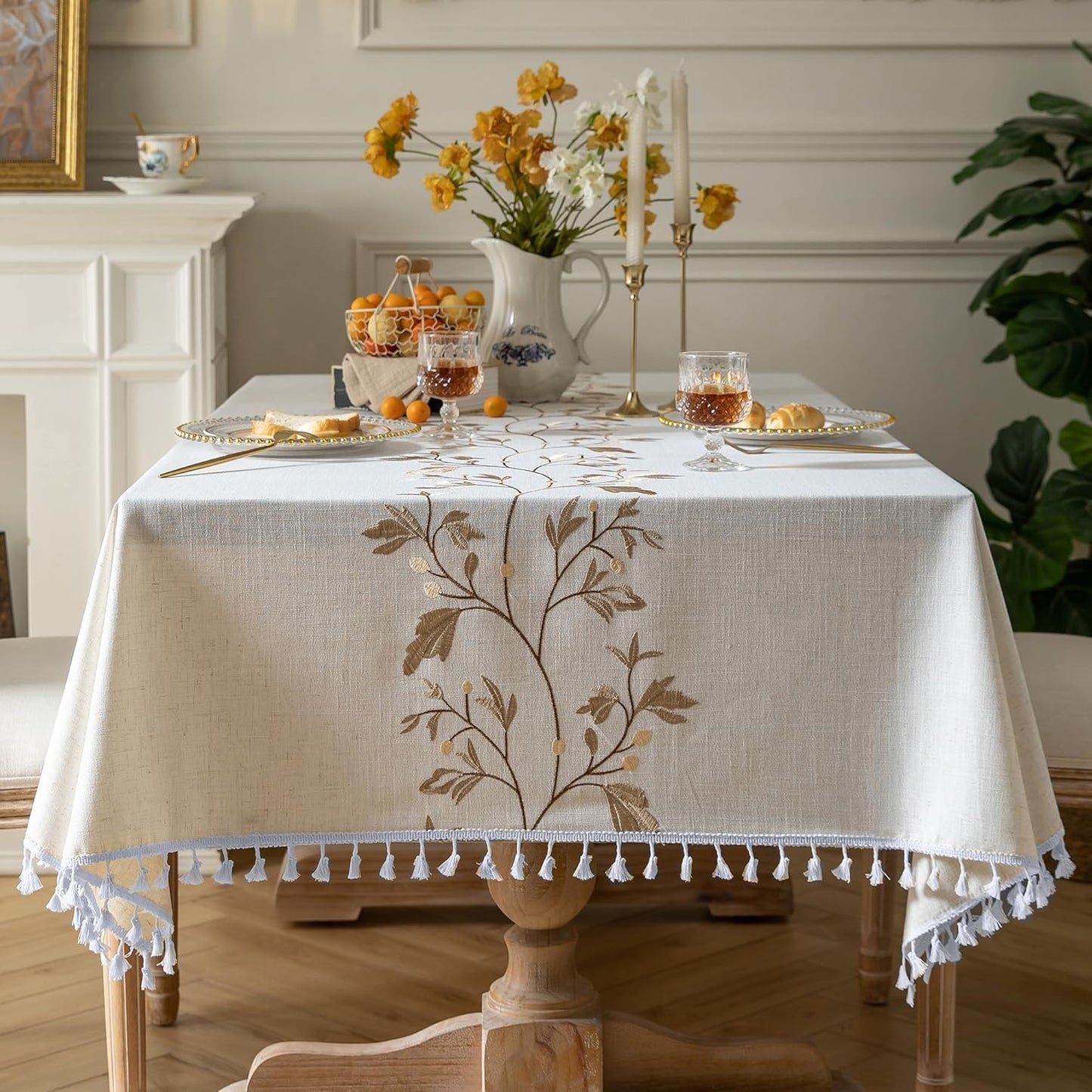 Oubonun Cotton Linen Rectangular Tablecloth - Wrinkle Resistant & Waterproof - Machine Washable Table Cloth with Tassels for Kitchen & Dining, 55''x86'', 6-8 Seats, Grey