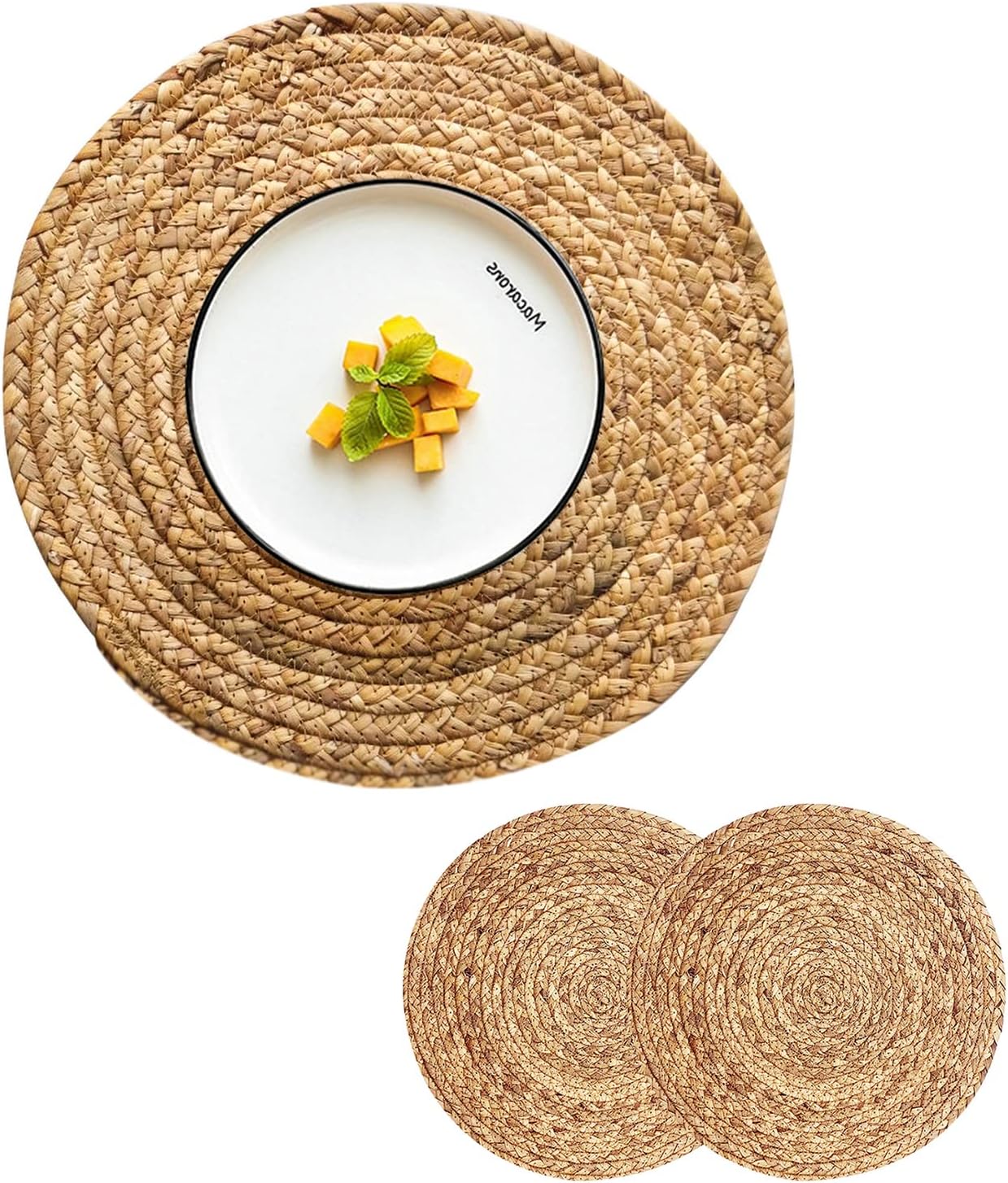 Round Placemats Set of 8 Natural Woven Rattan Placemats, Braided Boho Farmhouse Place Mats Heat Resistant Dining Table Mats Straw Placemat Wicker Outdoor Placemat for Patio Table 13.4''