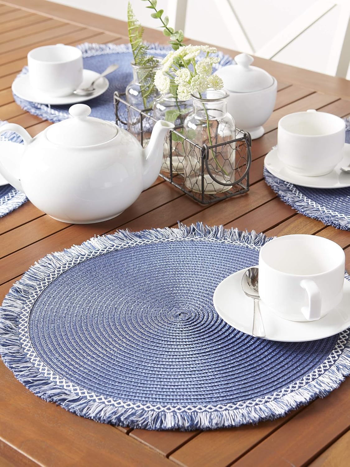 DII Woven Placemat Collection Round, 14.75" Diameter, Nautical Blue Fringe, 6 Piece