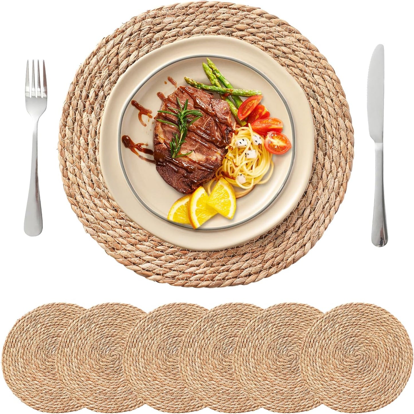 13.5'' Round Woven Placemats Set of 12, Boho Rattan Chargers for Dinner Plates, Rustic Wicker Place Mats, Straw Braided Table Placemats, for Dining Table, Wedding, Farmhouse, Outdoor and Christmas