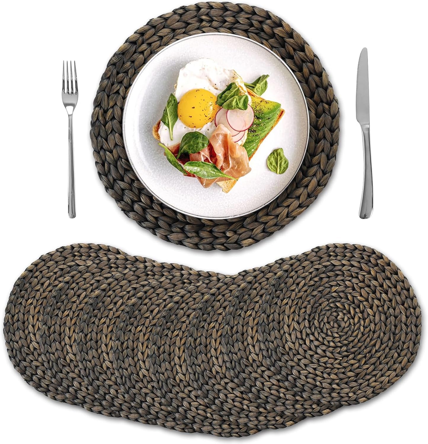 6 Pack, Round Woven Placemats, Natural Water Hyacinth Wicker Place mats, Braided Straw Table Mats for Dining Table, Fall, Halloween, Thanksgiving, Chrismats, Black (13.8 inch)