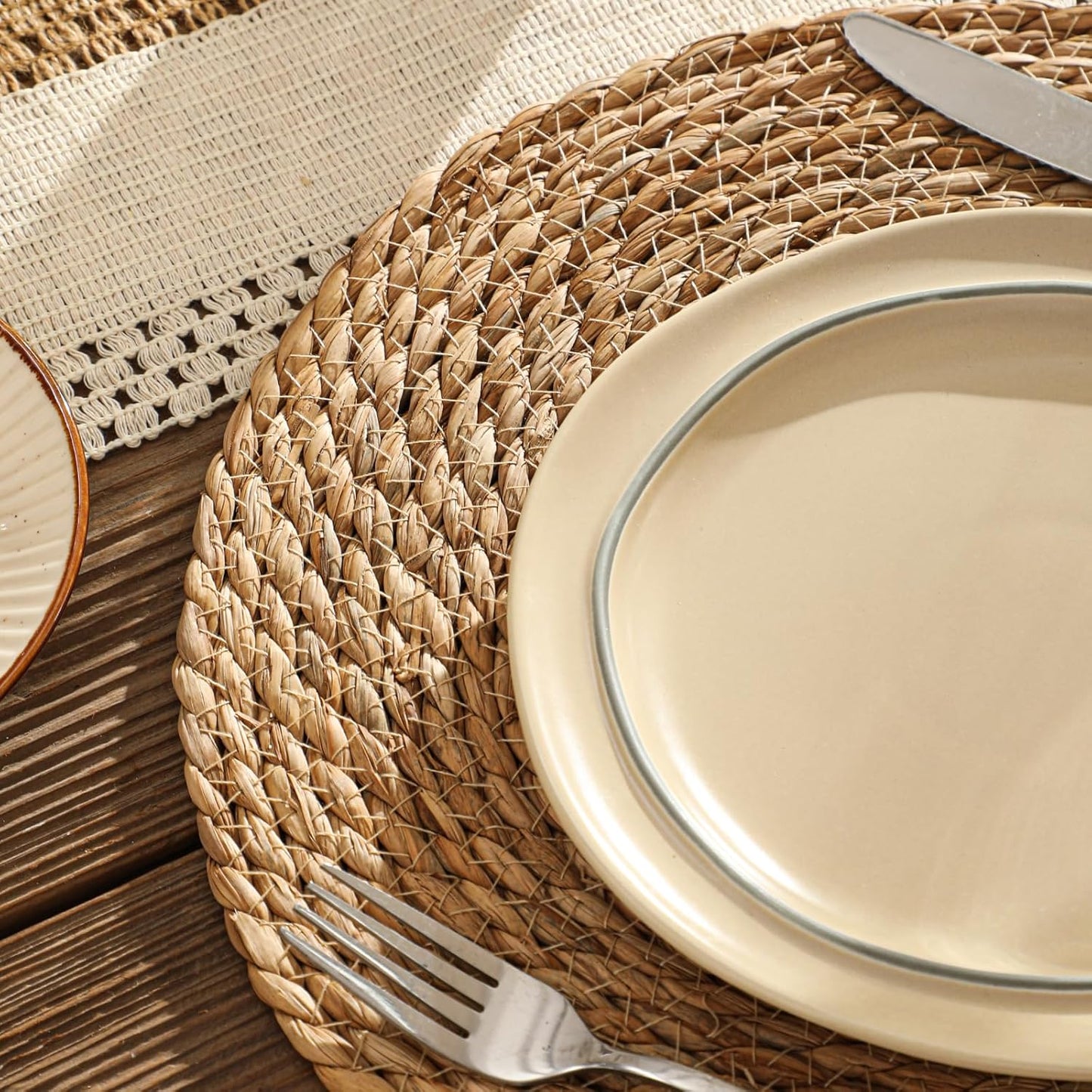 13.5'' Round Woven Placemats Set of 12, Boho Rattan Chargers for Dinner Plates, Rustic Wicker Place Mats, Straw Braided Table Placemats, for Dining Table, Wedding, Farmhouse, Outdoor and Christmas