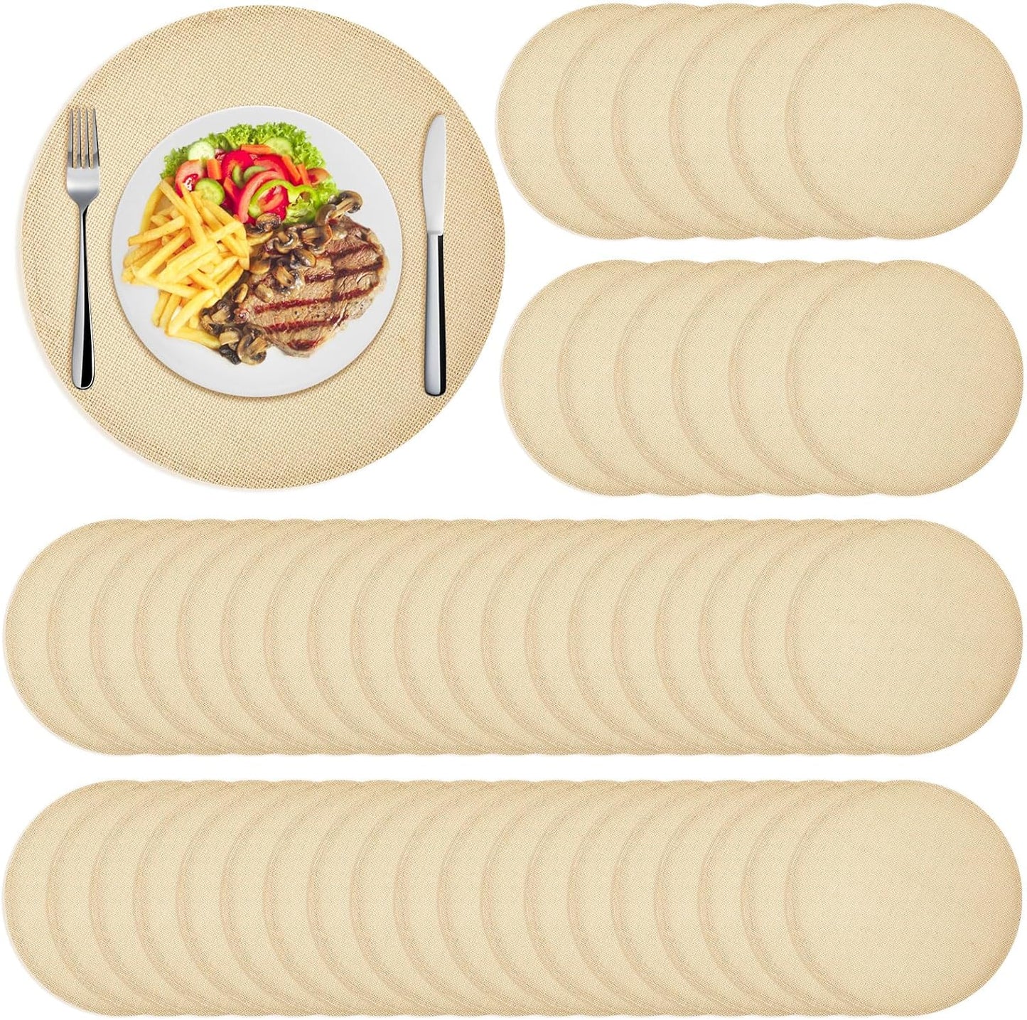 Yunlly Set of 48 Burlap Round Placemats Bulk Burlap Circle Rustic Table Decorations Jute Farmhouse Placemats Heat Resistant Round Table Mats Charger Place Mats for Christmas(11.8 in,Brown)