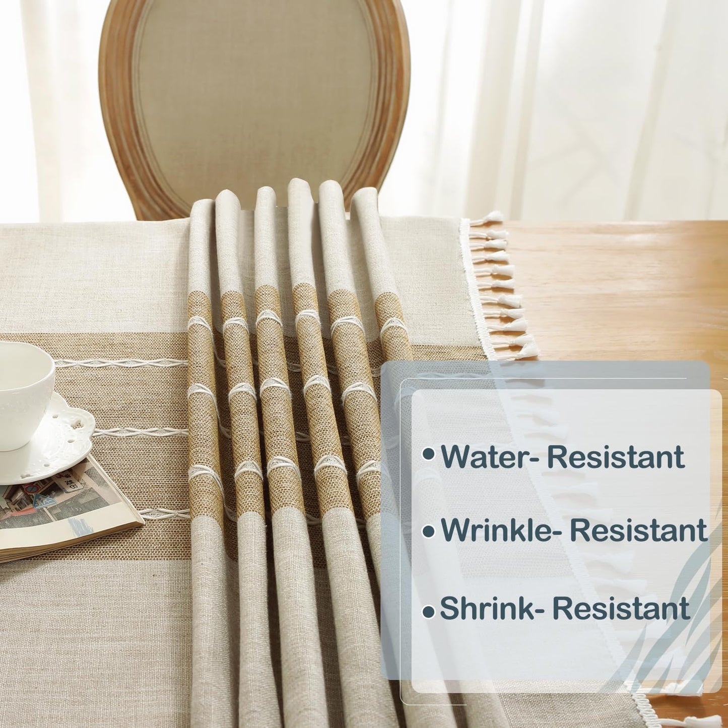 Laolitou Rustic Cotton Linen Table Cloth,Tablecloths for 6 Foot Rectangle Tables,Waterproof Washable Tablecloth with Tassel Rectangle/Oblong, 55''x 86'', 6-8 Seats