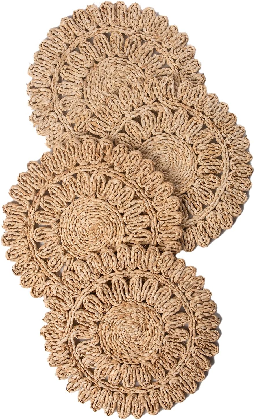 13.8" Round Corn Husk Placemats Set of 6 | Boho Wicker Rattan Woven Table Mats | Farmhouse Spring Plate Chargers Like Seagrass, Water Hyacinth for Christmas, Party, Wedding, Events