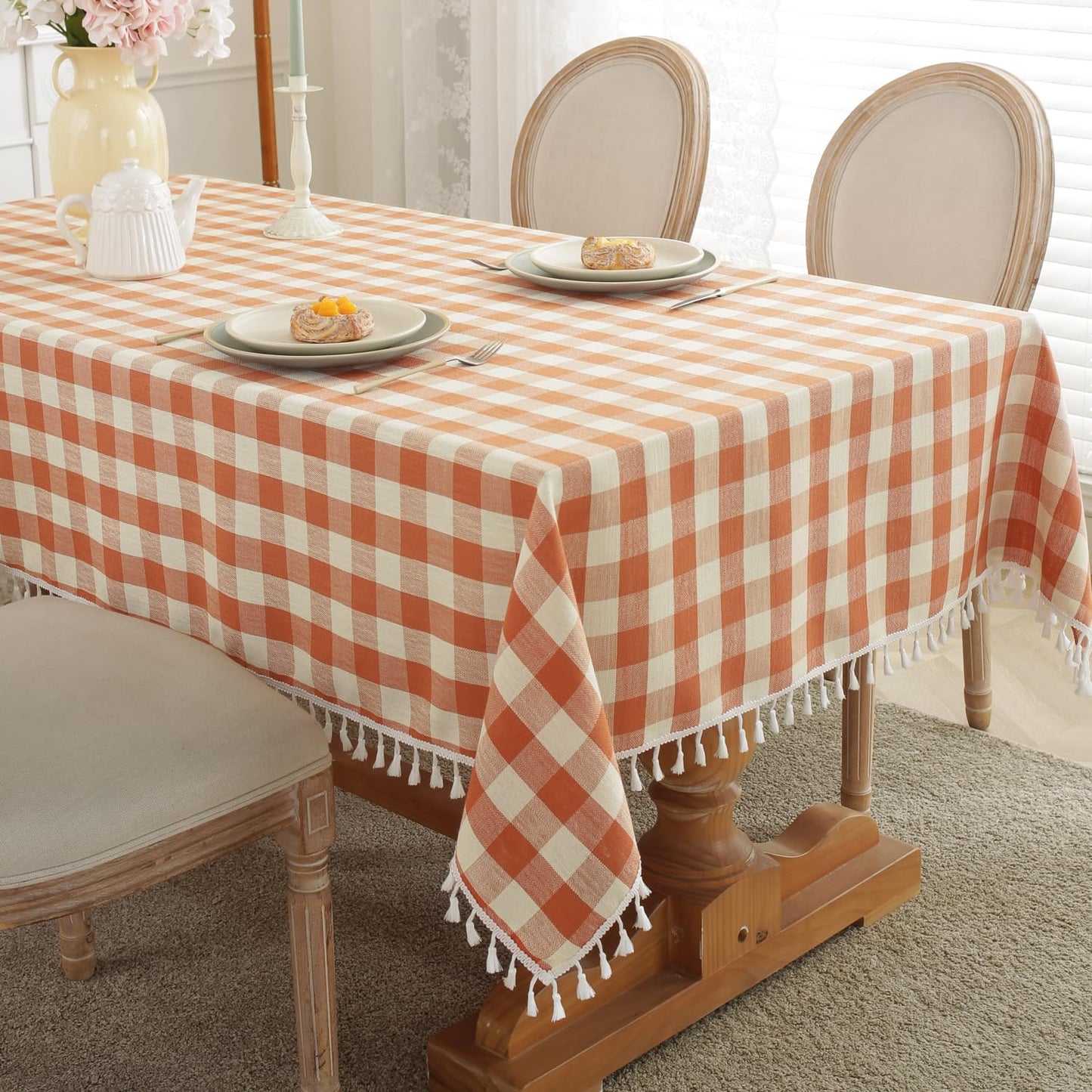 Laolitou Beige Checkered Round Tablecloth Washable Buffalo Plaid Table Cloth with Tassel Cotton Linen Gingham Table Cover for Dining Room, Beige, Round, 60", 2-4 Seats