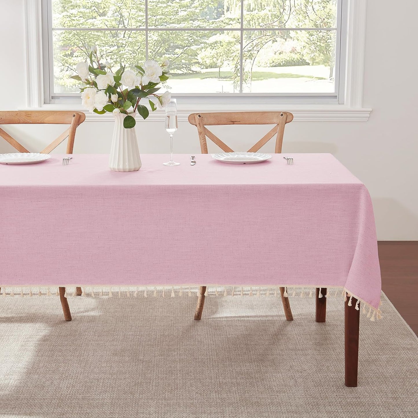 Alsoo Table Cloth Rectangle Table Heavy Duty Cotton Linen Tablecloth Farmhouse Boho Waterproof Wrinkle Free Tables Cover with Tassel for Kitchen Dining Holiday Party, Pink, 55" x 75"