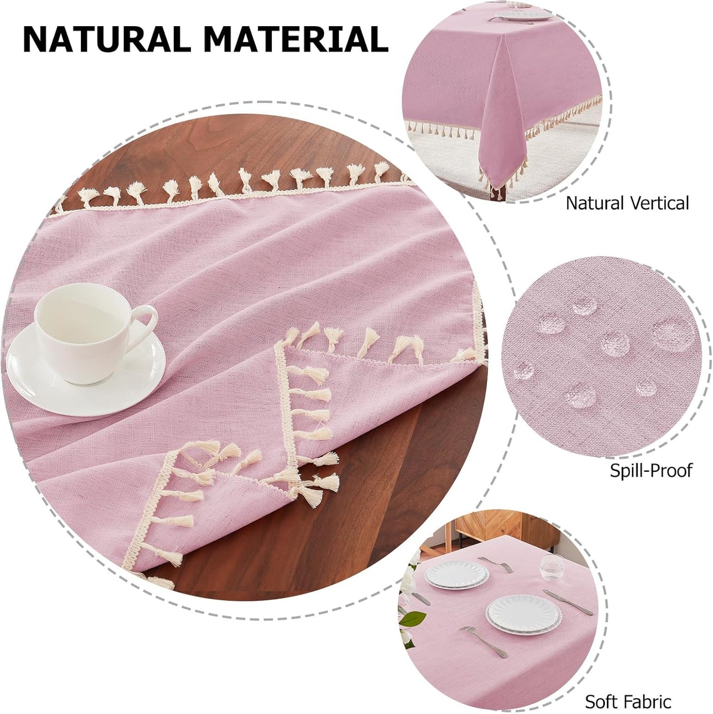 Alsoo Table Cloth Rectangle Table Heavy Duty Cotton Linen Tablecloth Farmhouse Boho Waterproof Wrinkle Free Tables Cover with Tassel for Kitchen Dining Holiday Party, Pink, 55" x 75"