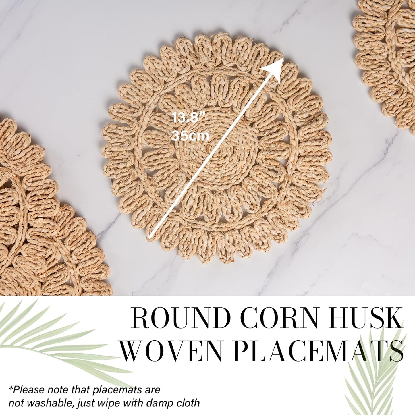 13.8" Round Corn Husk Placemats Set of 6 | Boho Wicker Rattan Woven Table Mats | Farmhouse Spring Plate Chargers Like Seagrass, Water Hyacinth for Christmas, Party, Wedding, Events
