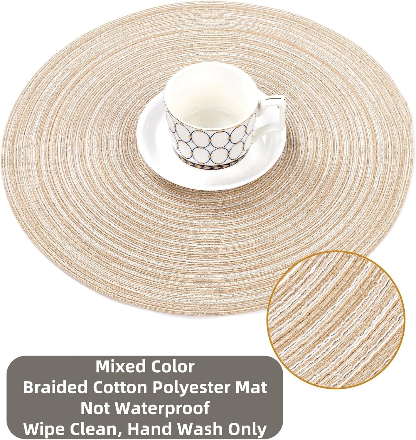 SHACOS 15 inch Beige Round Placemats Set of 12 for Dining Table Woven Braided Circle Place Mats Kitchen Placemat Washable Table Mats