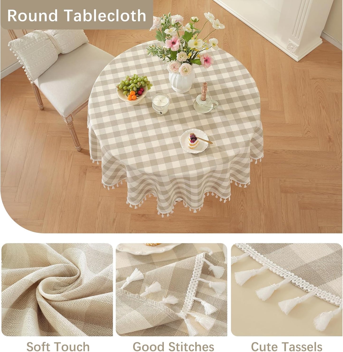 Laolitou Beige Checkered Round Tablecloth Washable Buffalo Plaid Table Cloth with Tassel Cotton Linen Gingham Table Cover for Dining Room, Beige, Round, 60", 2-4 Seats