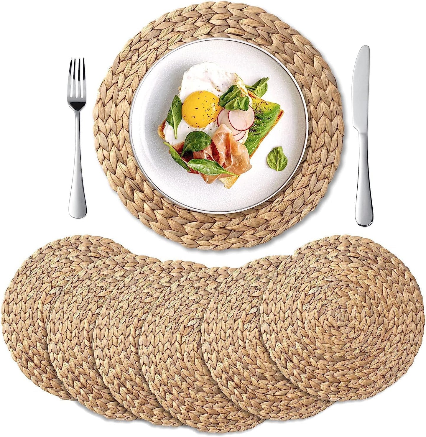 6 Pack, Round Woven Placemats, Natural Water Hyacinth Wicker Place mats, Braided Straw Table Mats for Dining Table, Fall, Halloween, Thanksgiving, Chrismats (13.8 inch)