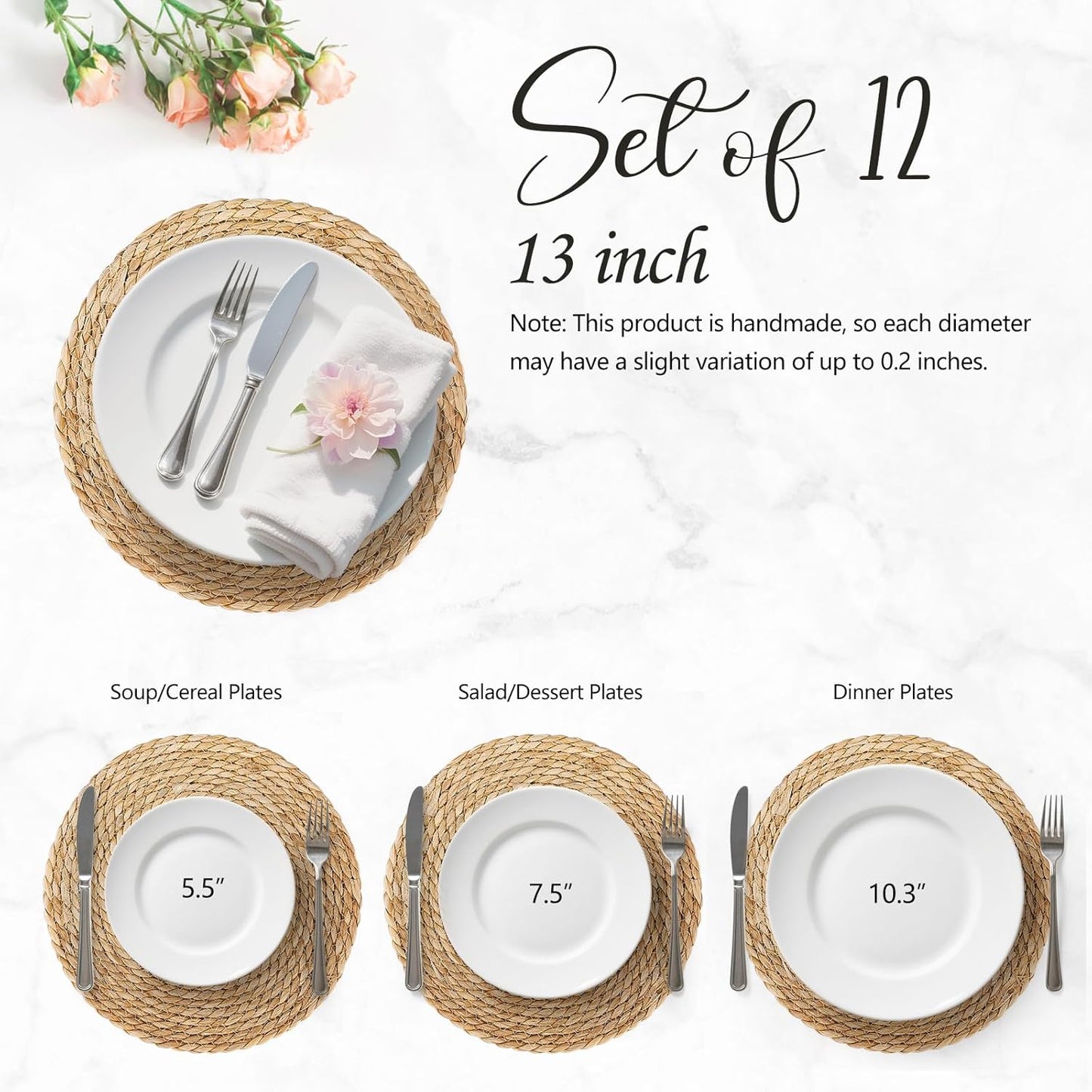 13 Inch Woven Placemats Set of 12, Boho Round Place Mats for Dining Table Decor, Rustic Jute Chargers for Dinner Plates, Outdoor Patio, Farmhouse Wedding, Water Hyacinth Wicker Rattan Braided Placemat