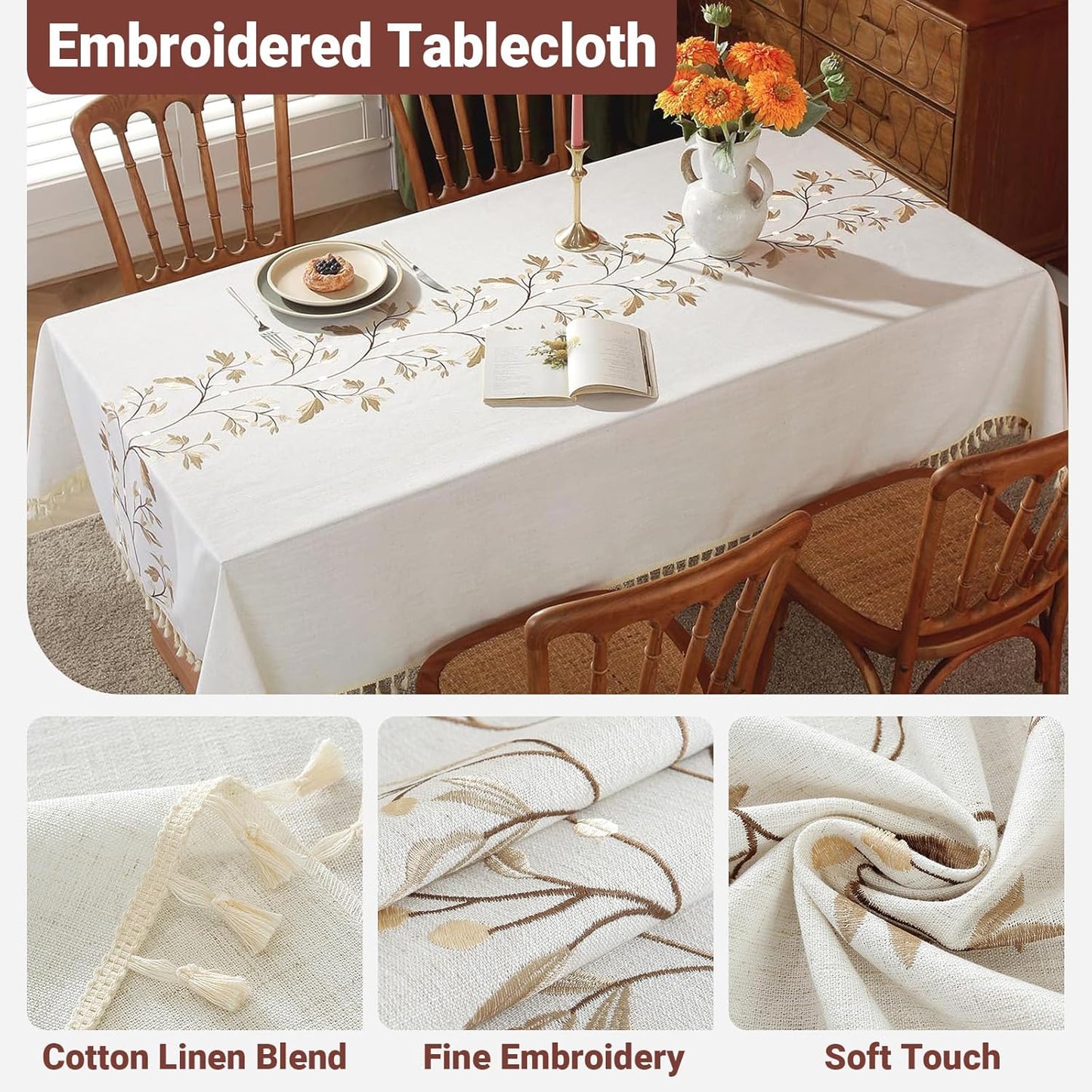Laolitou Cotton Linen Waterproof Tablecloth for Dining Table Farmhouse Kitchen Rectangle Table Cloth Coffee Wrinkle Free Tables Cover, Beige, Coffee Flower, 55x86 Inch