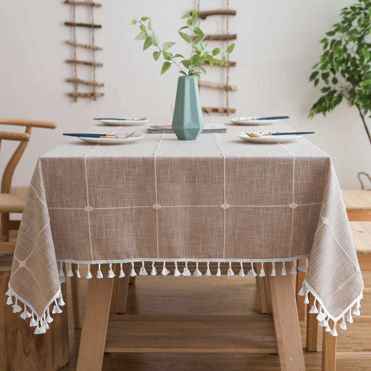 Oubonun Cotton Linen Rectangular Tablecloth - Wrinkle Resistant & Waterproof - Machine Washable Table Cloth with Tassels for Kitchen & Dining, 55''x86'', 6-8 Seats, Grey