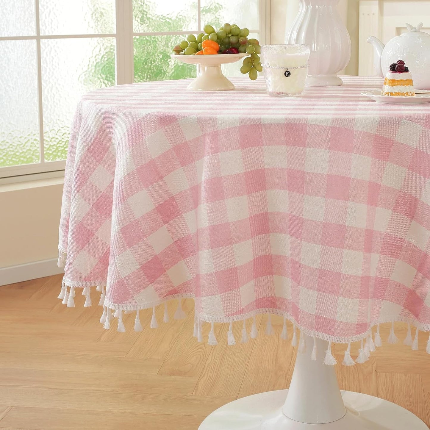 Laolitou Beige Checkered Round Tablecloth Washable Buffalo Plaid Table Cloth with Tassel Cotton Linen Gingham Table Cover for Dining Room, Beige, Round, 60", 2-4 Seats